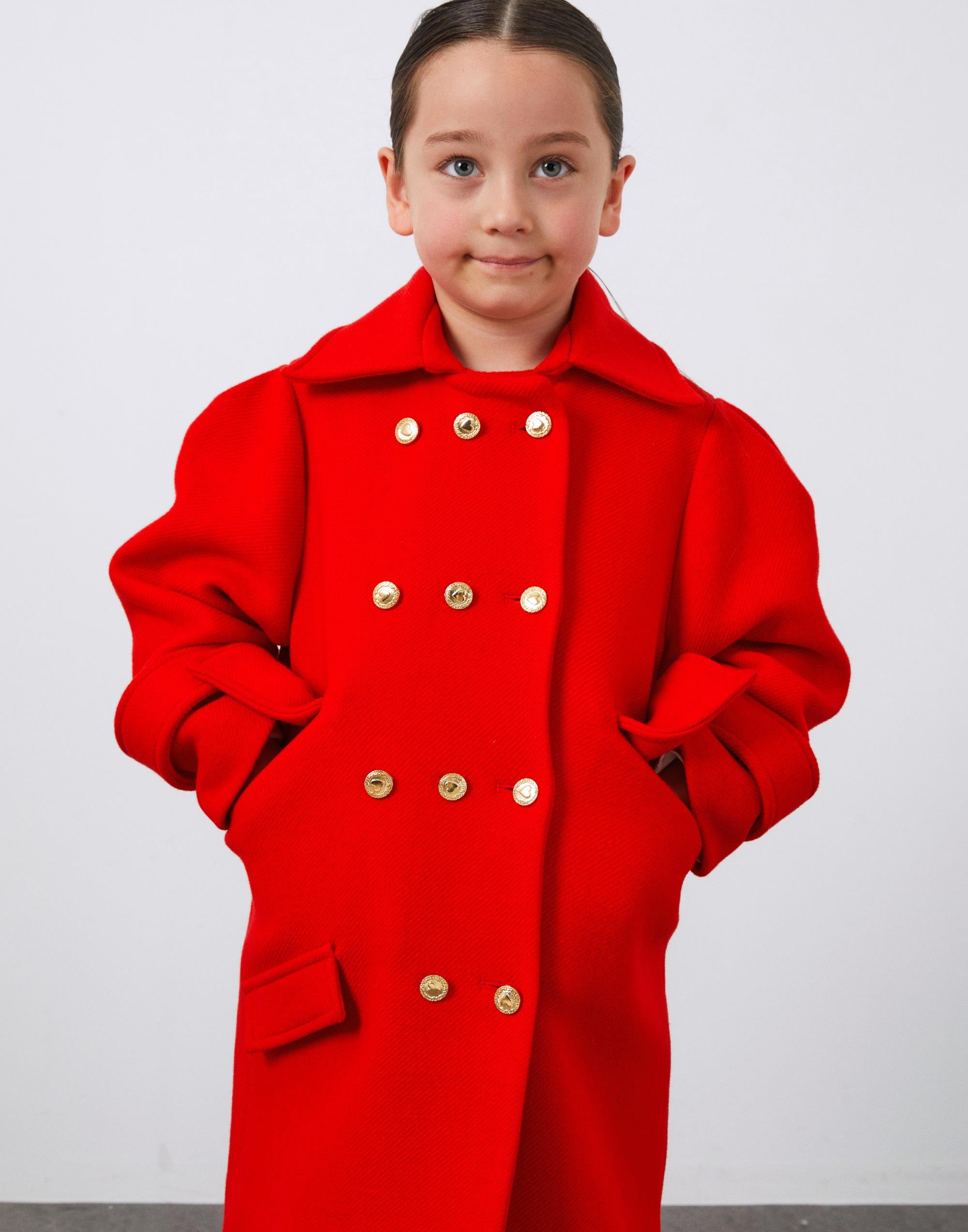 Gold Düğme Detaylı Kırmızı Kız Çocuk Kaşe Ceket - junior, designer dresses, bachelorette, party dresses and graduation dresses.