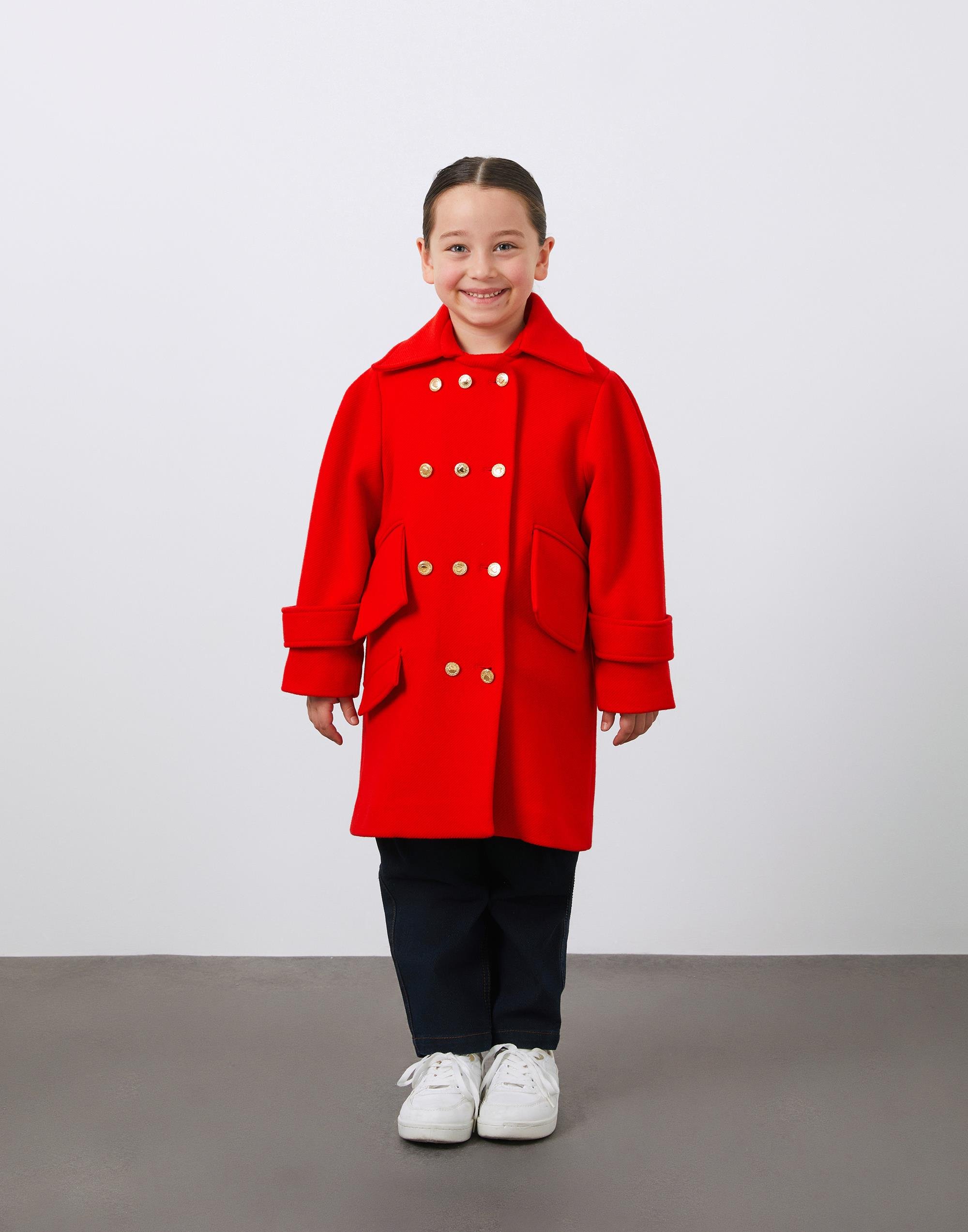 Gold Düğme Detaylı Kırmızı Kız Çocuk Kaşe Ceket - junior, designer dresses, bachelorette, party dresses and graduation dresses.