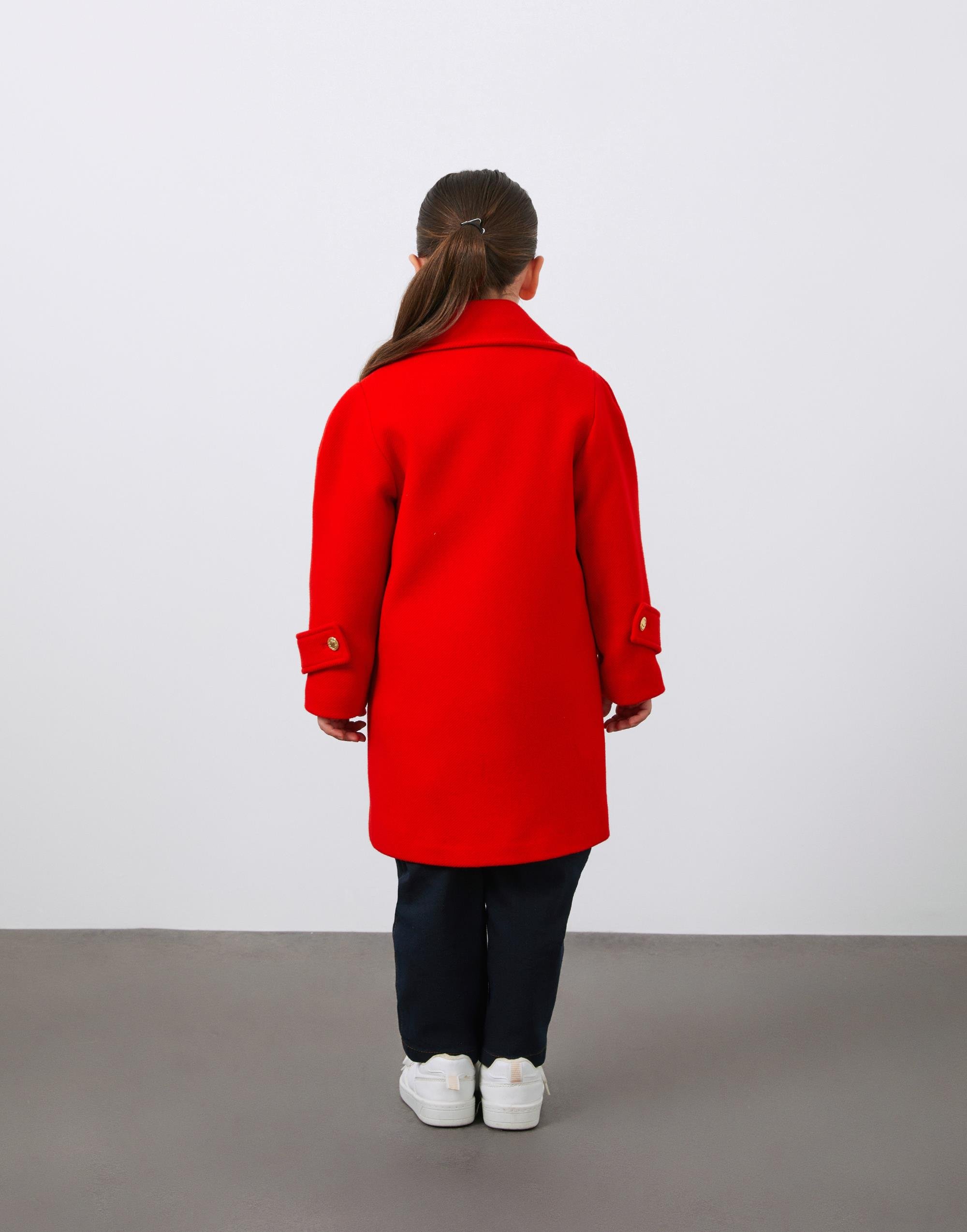 Gold Düğme Detaylı Kırmızı Kız Çocuk Kaşe Ceket - junior, designer dresses, bachelorette, party dresses and graduation dresses.