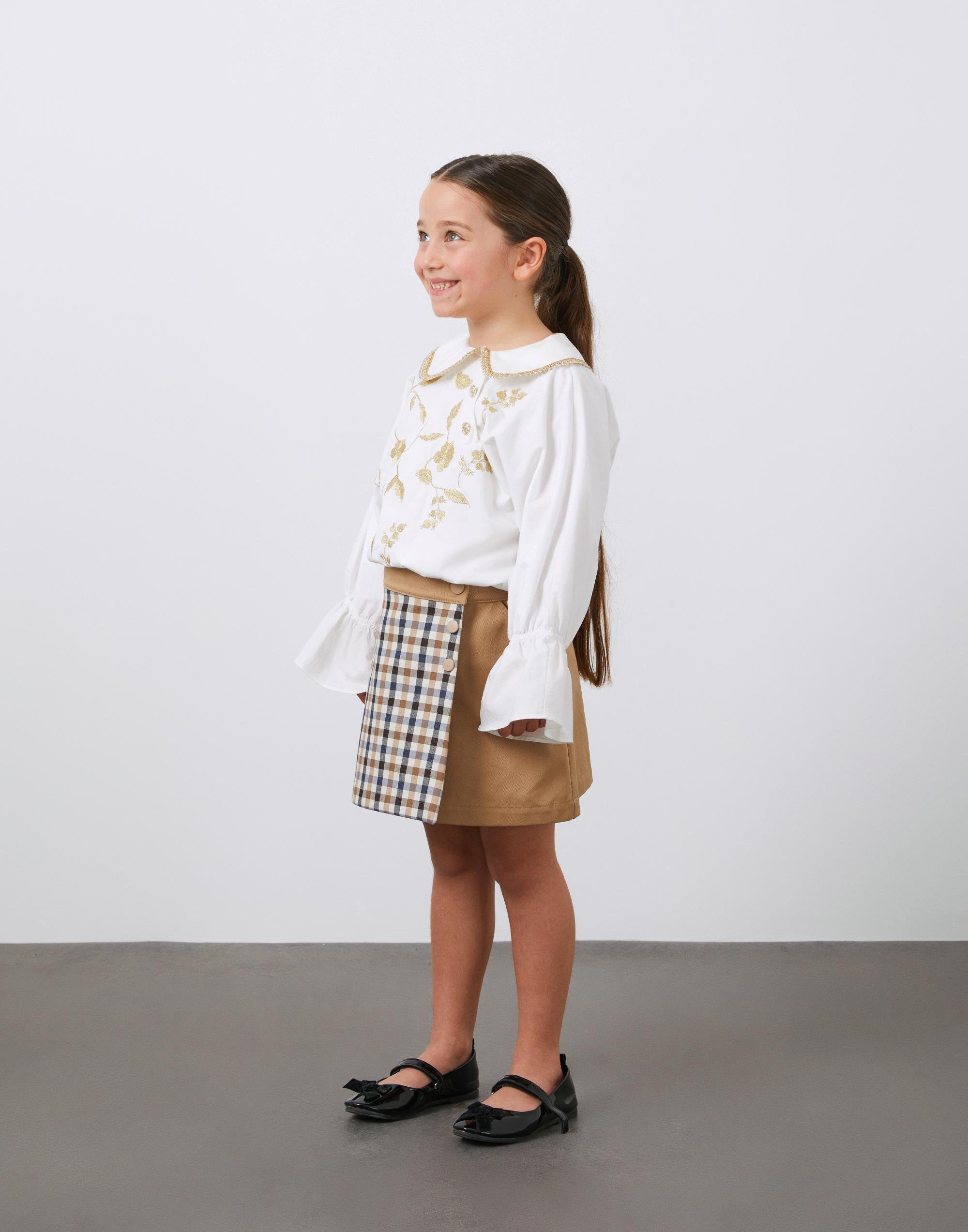 Gold Nakış Detaylı Ekru Poplin Kız Çocuk Bluz - junior, designer dresses, bachelorette, party dresses and graduation dresses.