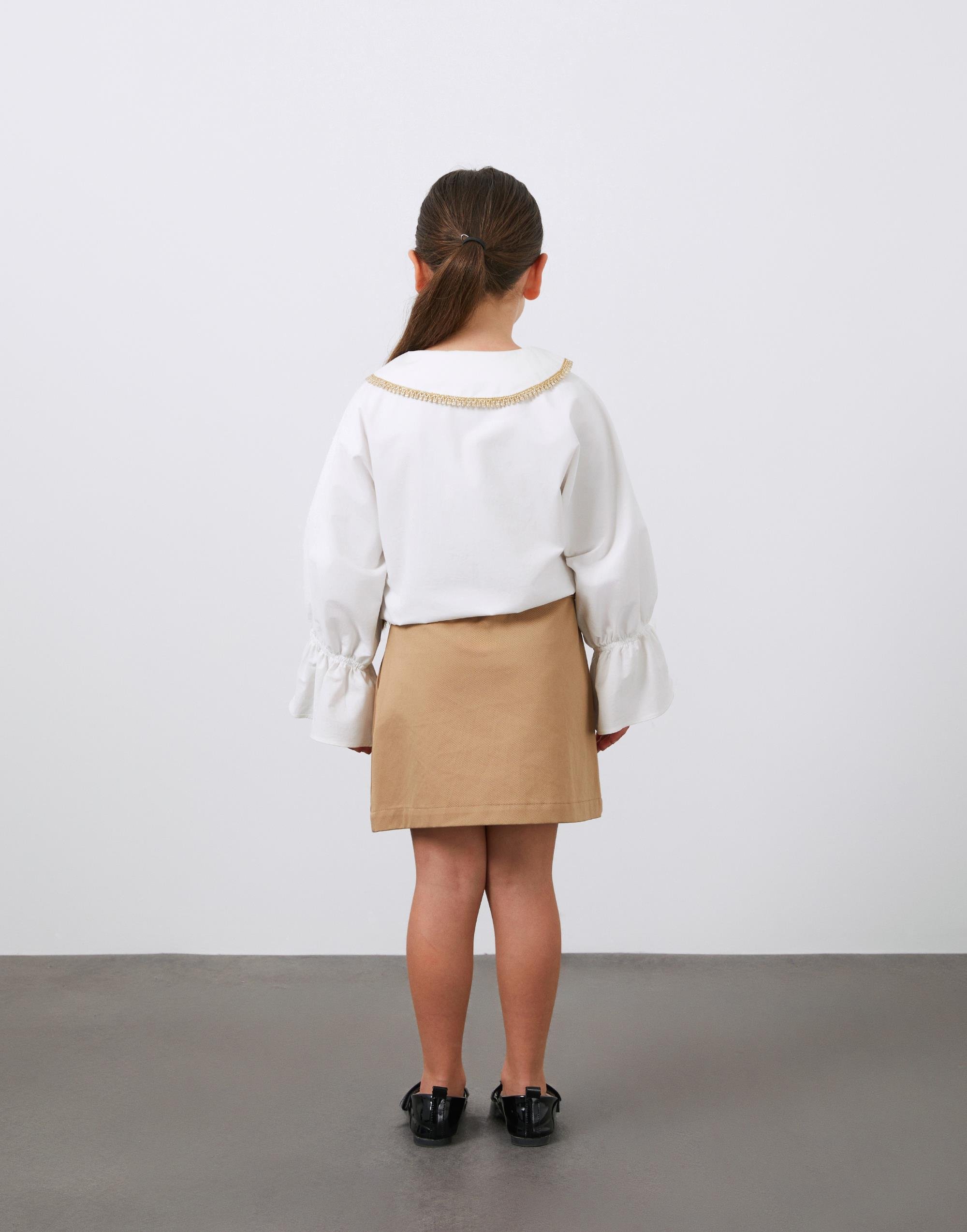 Gold Nakış Detaylı Ekru Poplin Kız Çocuk Bluz - junior, designer dresses, bachelorette, party dresses and graduation dresses.