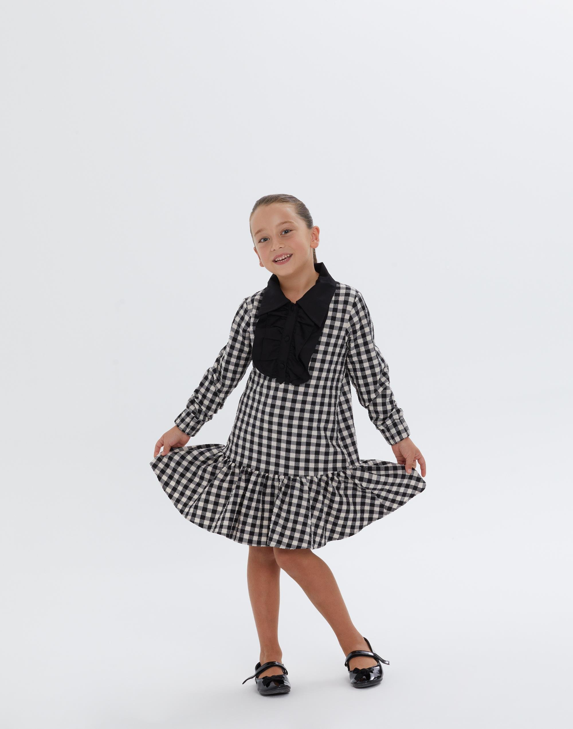 Gömlek Yaka Ekose Desenli Eteği Fırfır Detaylı Elbise - junior, designer dresses, bachelorette, party dresses and graduation dresses.