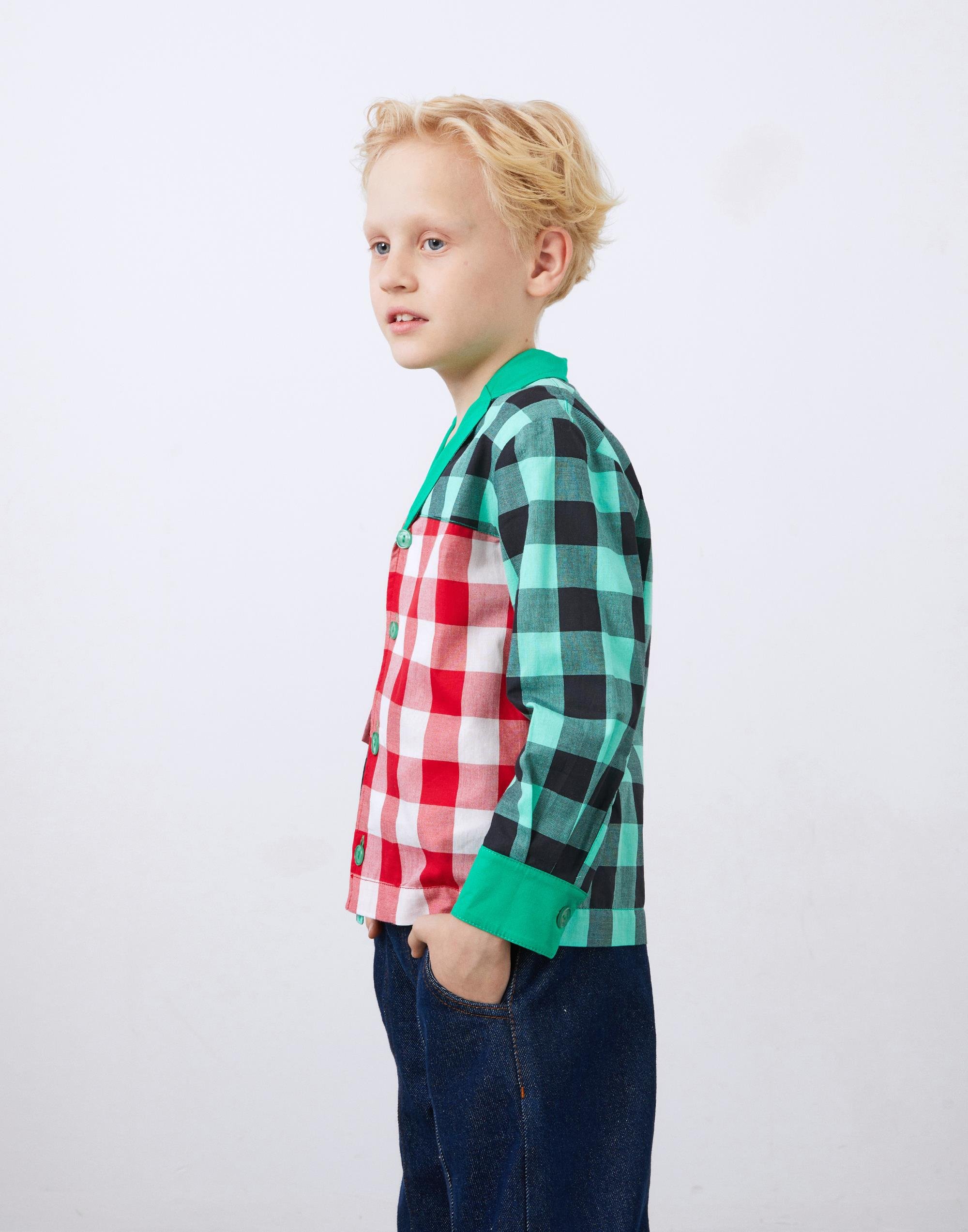 Two Color Plaid Long Sleeve Green Boy's Shirt - junior, designer dresses, bachelorette, party dresses and graduation dresses.