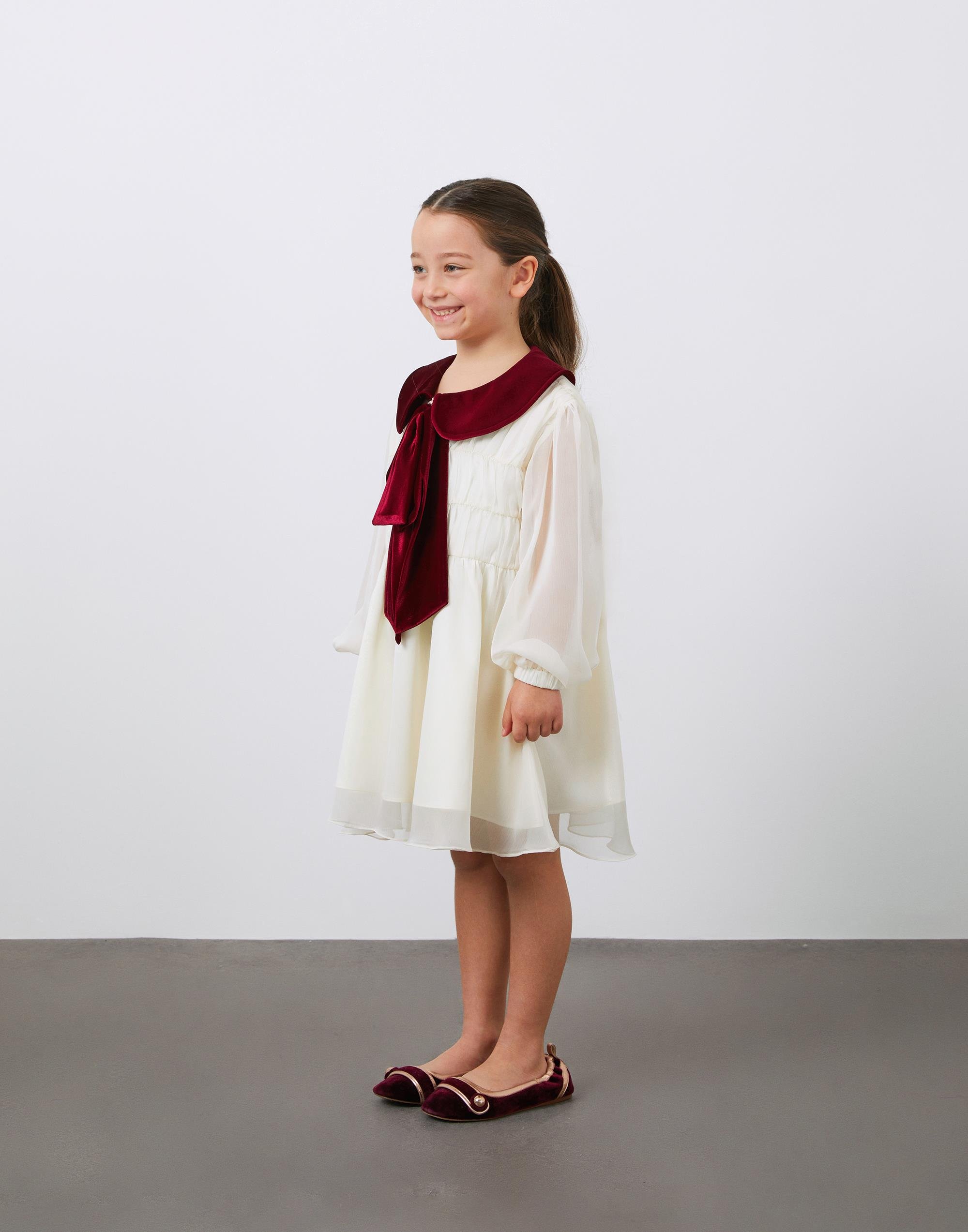 Kadife Garni Detaylı Bebe Yaka Kız Çocuk Şifon Elbise - junior, designer dresses, bachelorette, party dresses and graduation dresses.