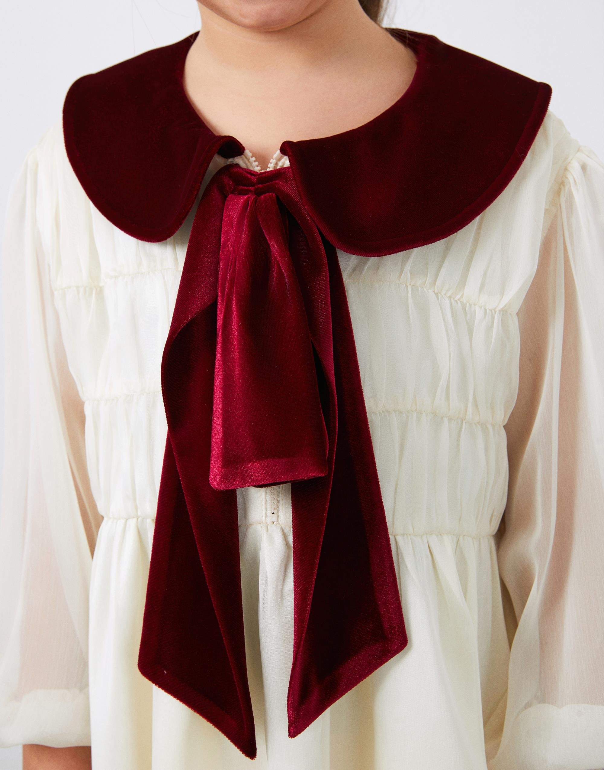 Kadife Garni Detaylı Bebe Yaka Kız Çocuk Şifon Elbise - junior, designer dresses, bachelorette, party dresses and graduation dresses.