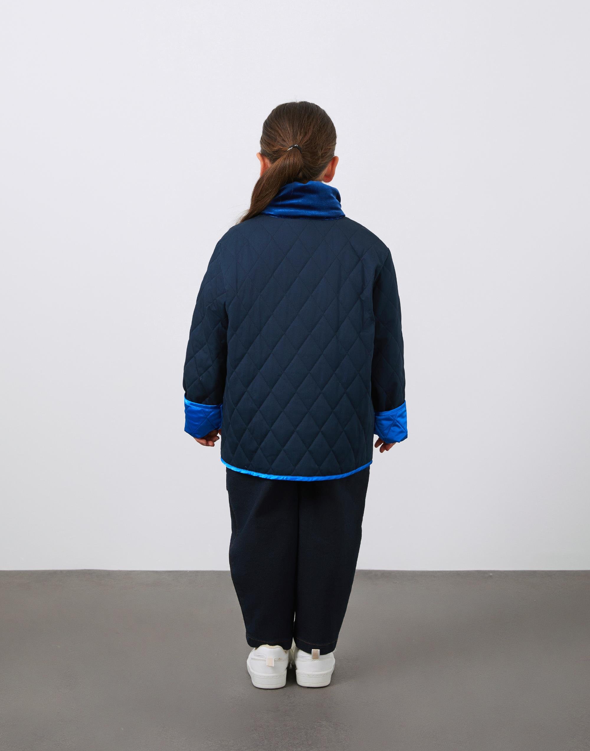 Kadife Garni Detaylı Kapitone Lacivert Unisex Fermuarlı Mont - junior, designer dresses, bachelorette, party dresses and graduation dresses.