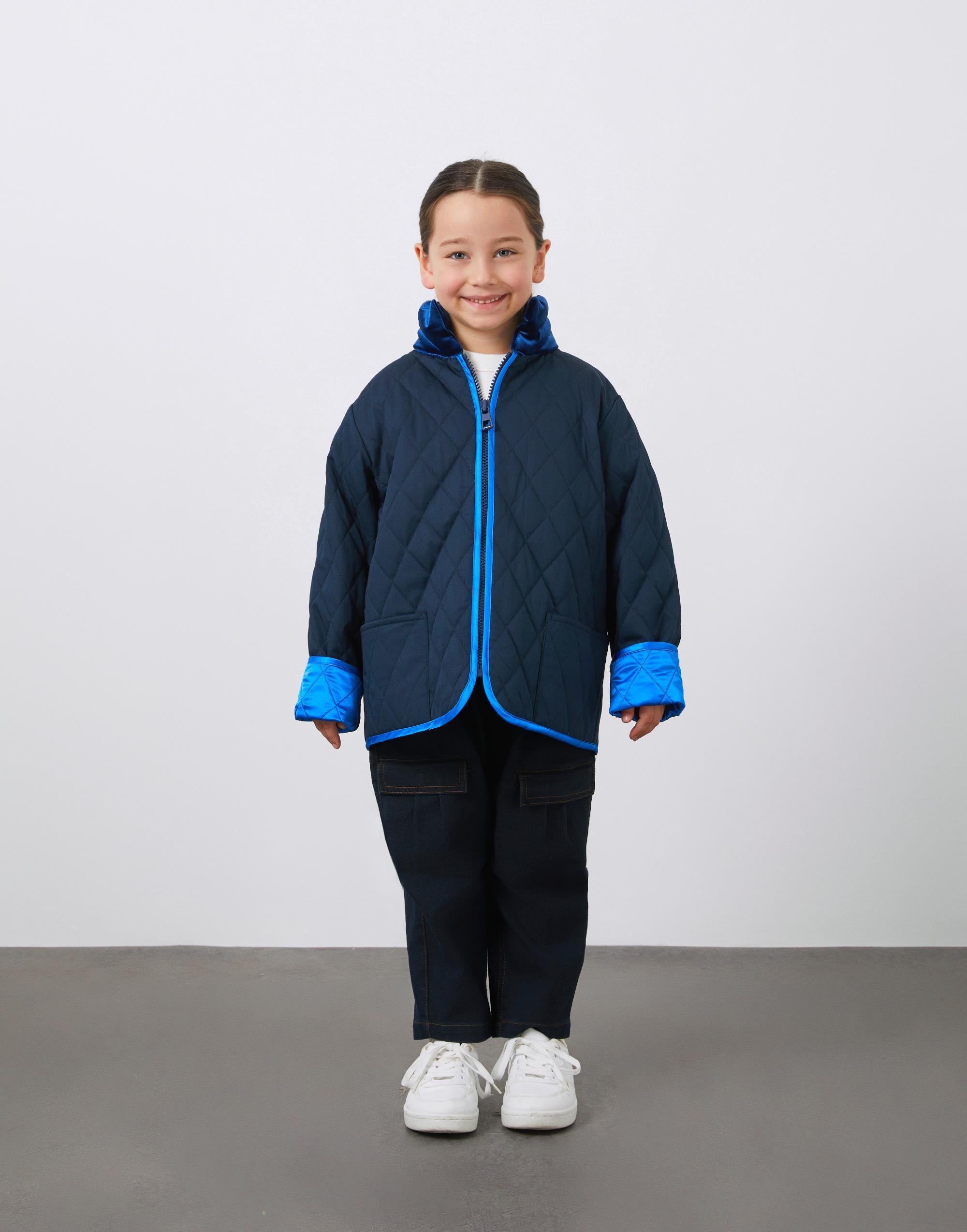 Kadife Garni Detaylı Kapitone Lacivert Unisex Fermuarlı Mont - junior, designer dresses, bachelorette, party dresses and graduation dresses.