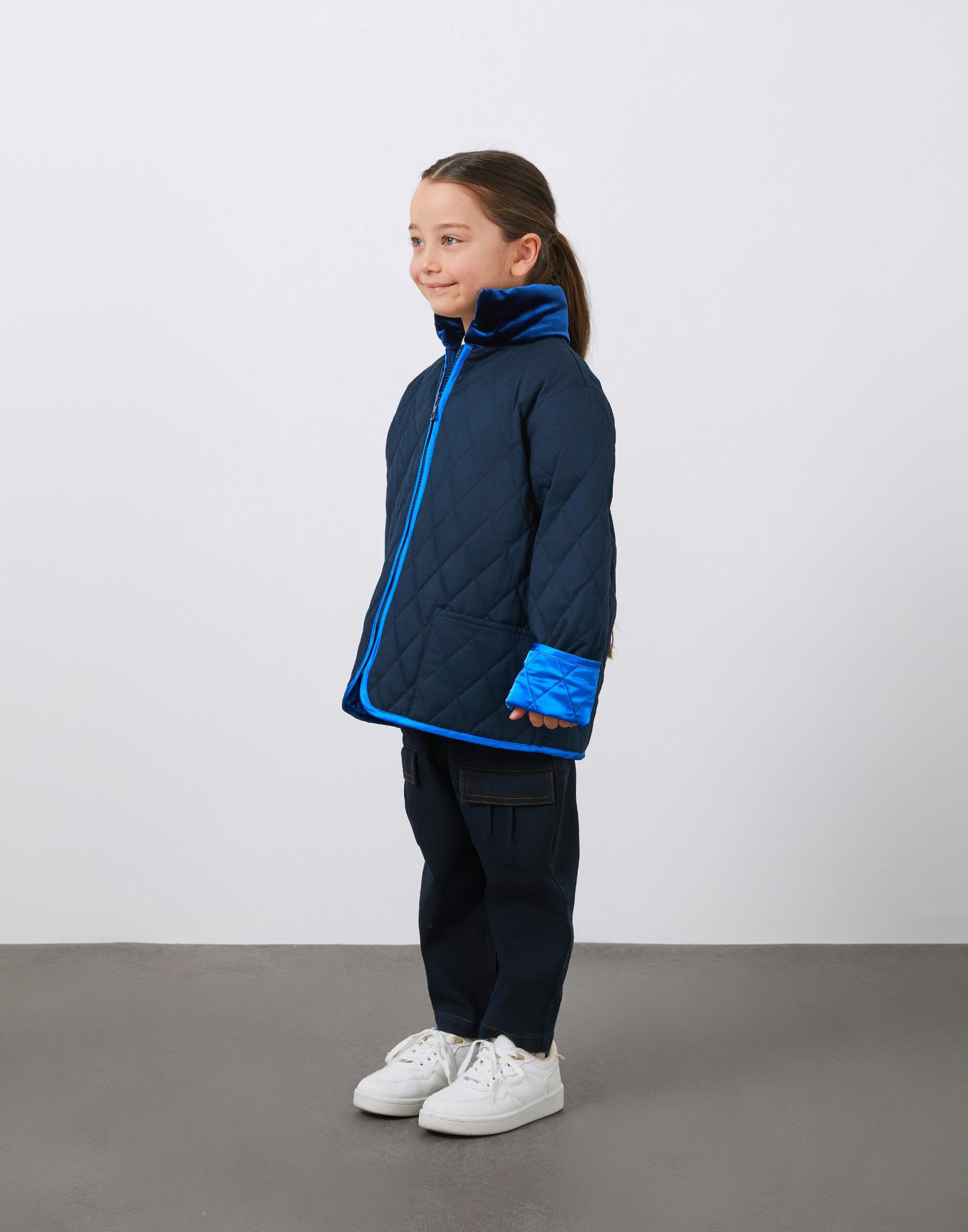 Kadife Garni Detaylı Kapitone Lacivert Unisex Fermuarlı Mont - junior, designer dresses, bachelorette, party dresses and graduation dresses.