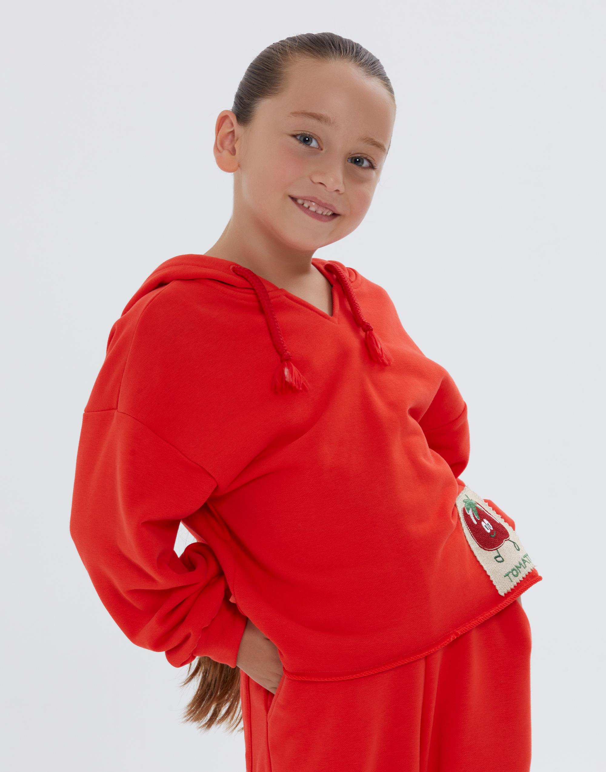 Kapüşonlu V Yakalı Nakışlı Kırmızı Kız Çocuk Sweatshırt - junior, designer dresses, bachelorette, party dresses and graduation dresses.