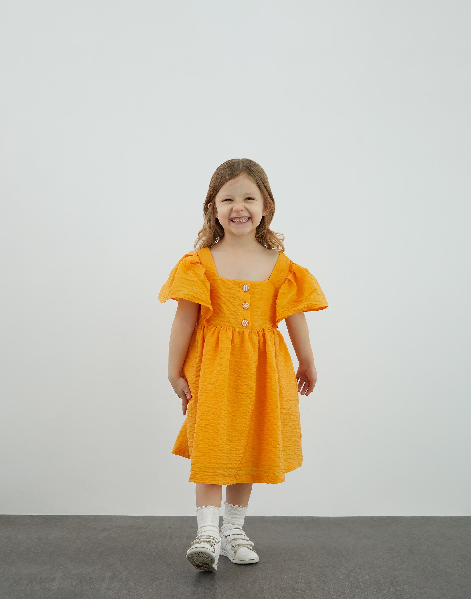 Kare Yaka Balon Kollu Turuncu Elbise - junior, designer dresses, bachelorette, party dresses and graduation dresses.