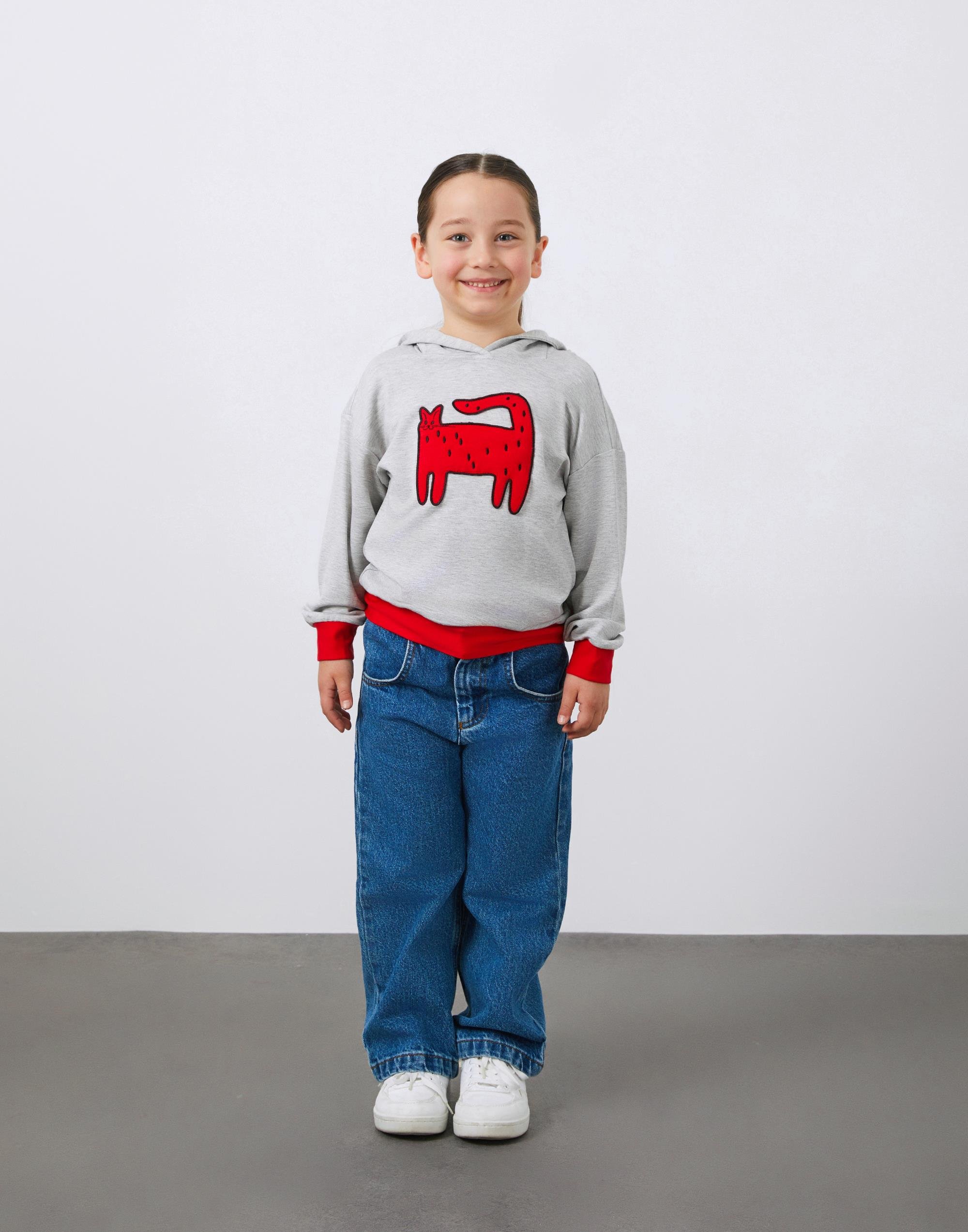 Kedi Nakışlı Gri  Kız Çocuk Kapüşonlu Sweatshirt - junior, designer dresses, bachelorette, party dresses and graduation dresses.