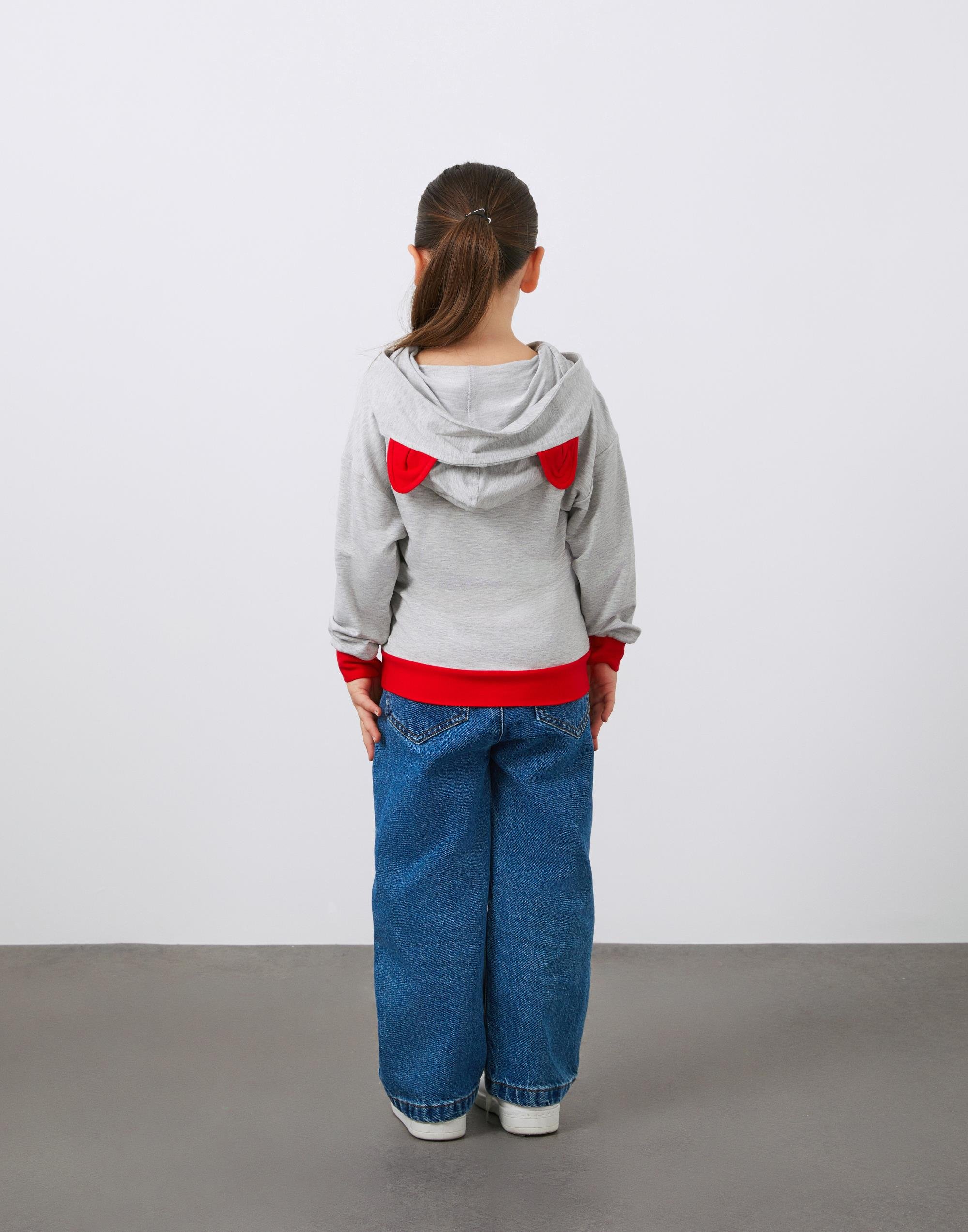 Kedi Nakışlı Gri  Kız Çocuk Kapüşonlu Sweatshirt - junior, designer dresses, bachelorette, party dresses and graduation dresses.