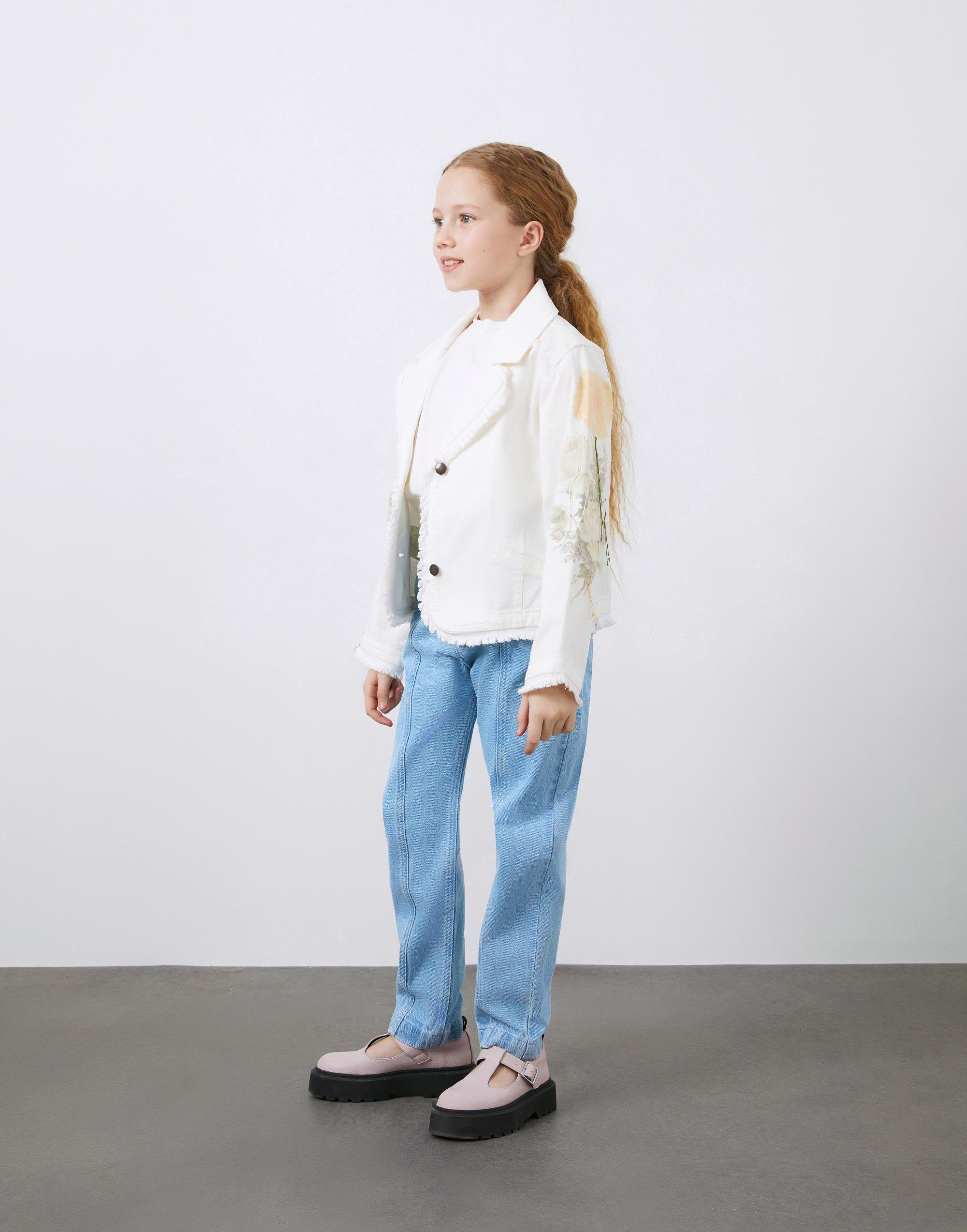 Kolları Desenli Kız Çocuk Ekru Jean Ceket  - junior, designer dresses, bachelorette, party dresses and graduation dresses.