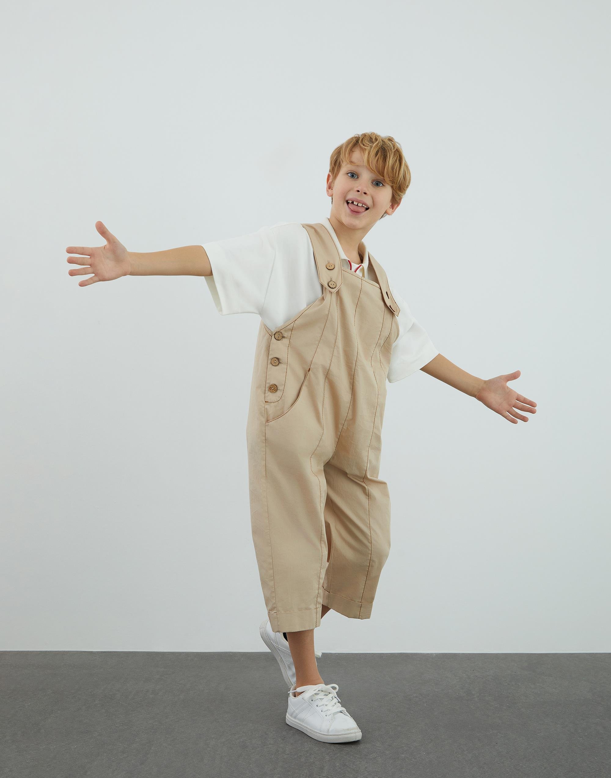 Kontrast Dikiş Detaylı Poplin Bej Tulum - junior, designer dresses, bachelorette, party dresses and graduation dresses.