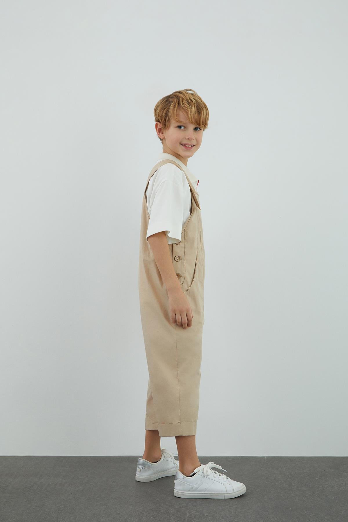 Kontrast Dikiş Detaylı Poplin Bej Tulum - junior, designer dresses, bachelorette, party dresses and graduation dresses.