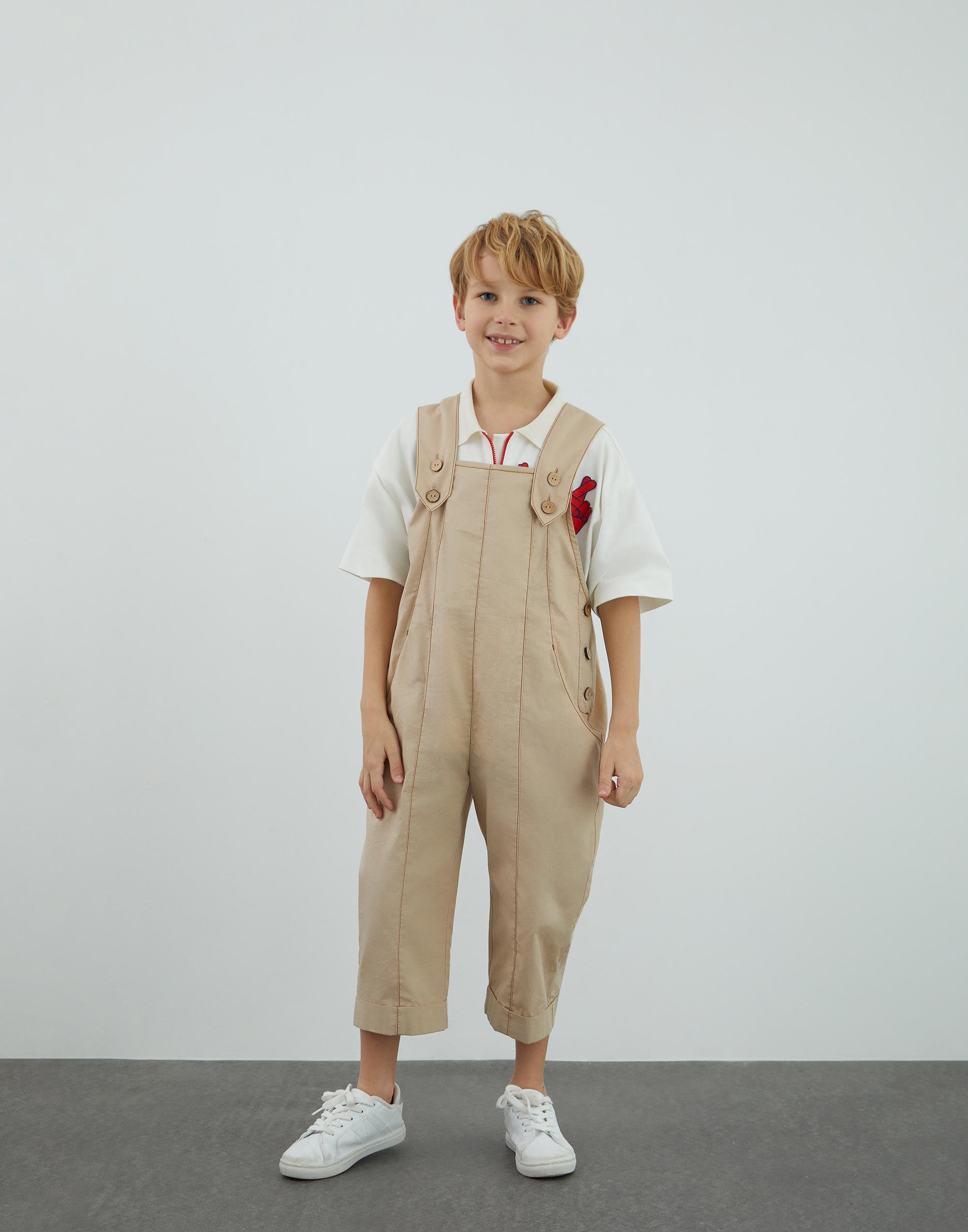 Kontrast Dikiş Detaylı Poplin Bej Tulum - junior, designer dresses, bachelorette, party dresses and graduation dresses.