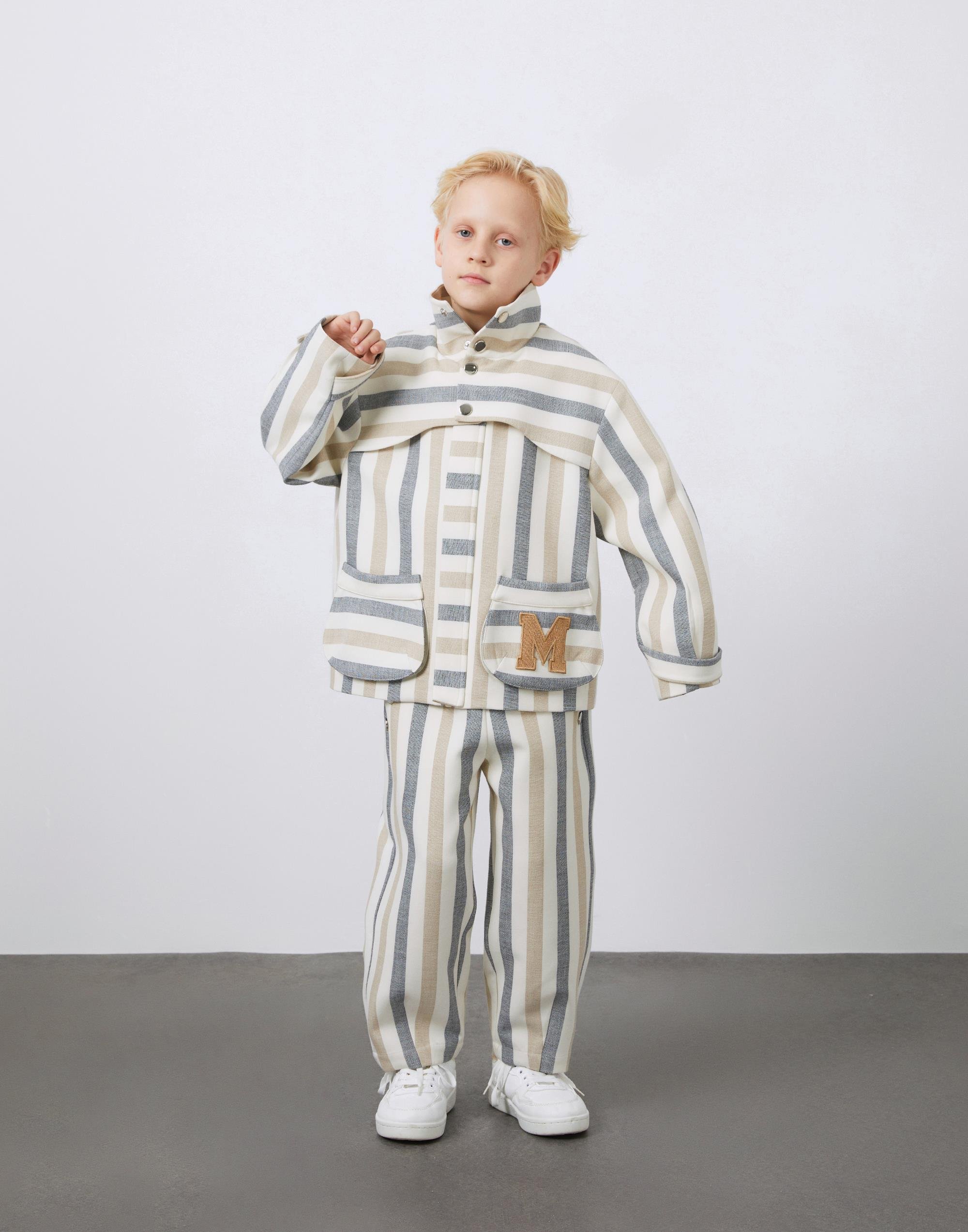 Nakış Aplike Detaylı Çizgili Bej Erkek Çocuk Kumaş Ceket - junior, designer dresses, bachelorette, party dresses and graduation dresses.