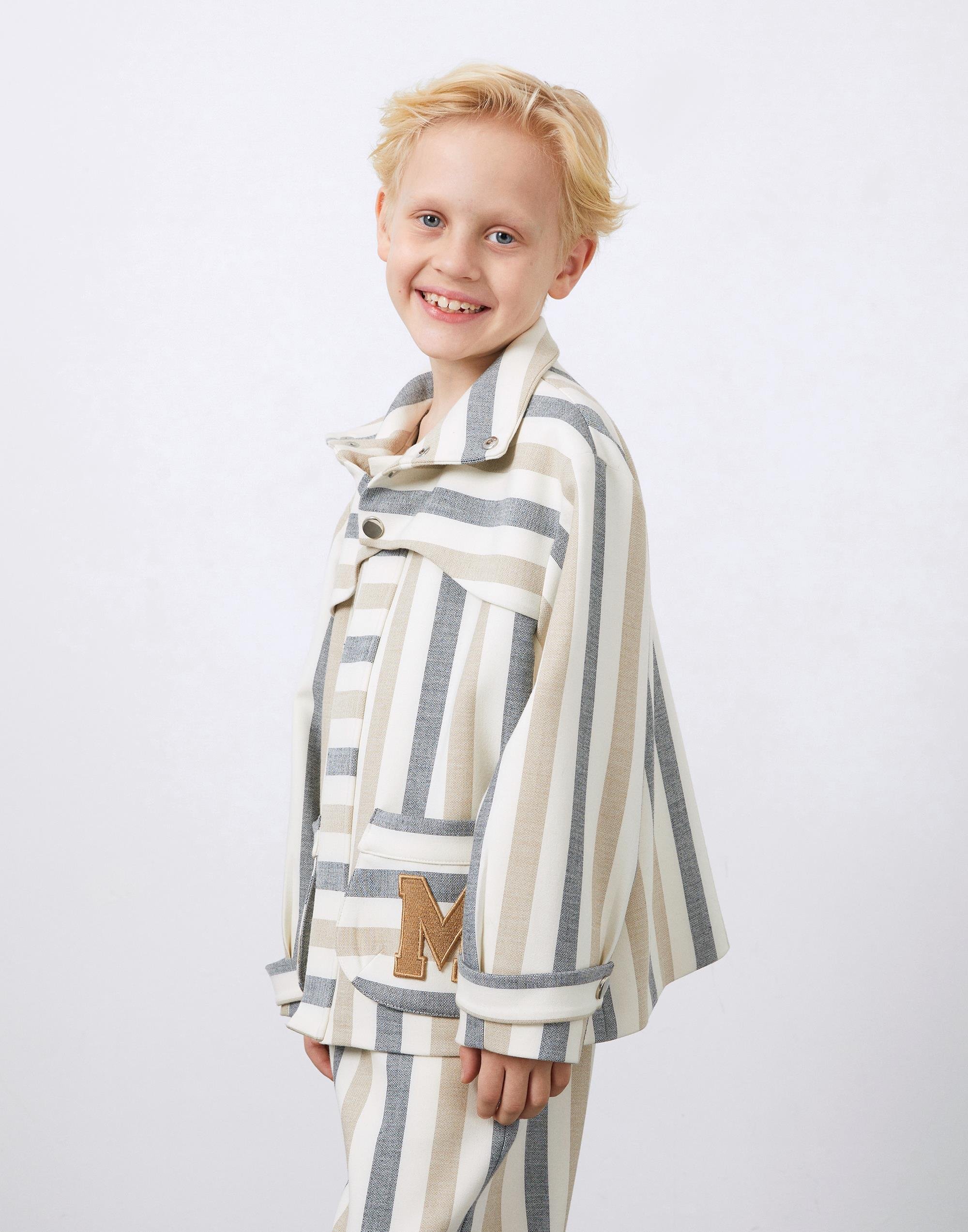 Nakış Aplike Detaylı Çizgili Bej Erkek Çocuk Kumaş Ceket - junior, designer dresses, bachelorette, party dresses and graduation dresses.