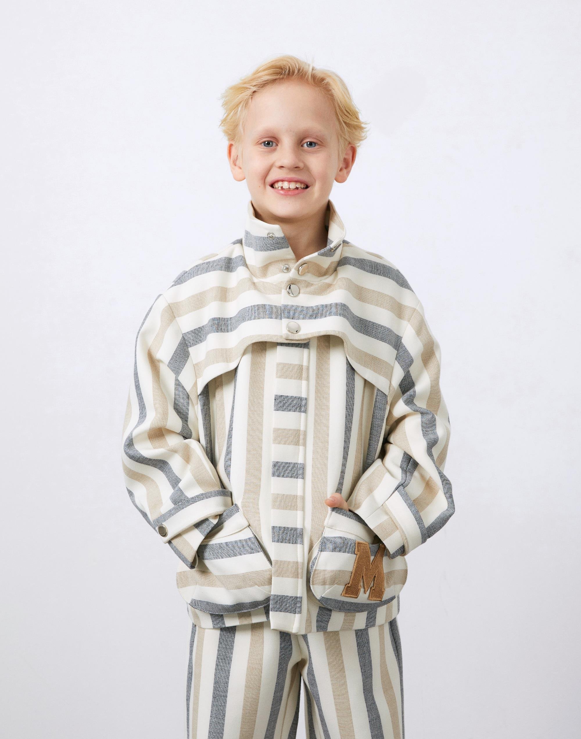 Nakış Aplike Detaylı Çizgili Bej Erkek Çocuk Kumaş Ceket - junior, designer dresses, bachelorette, party dresses and graduation dresses.