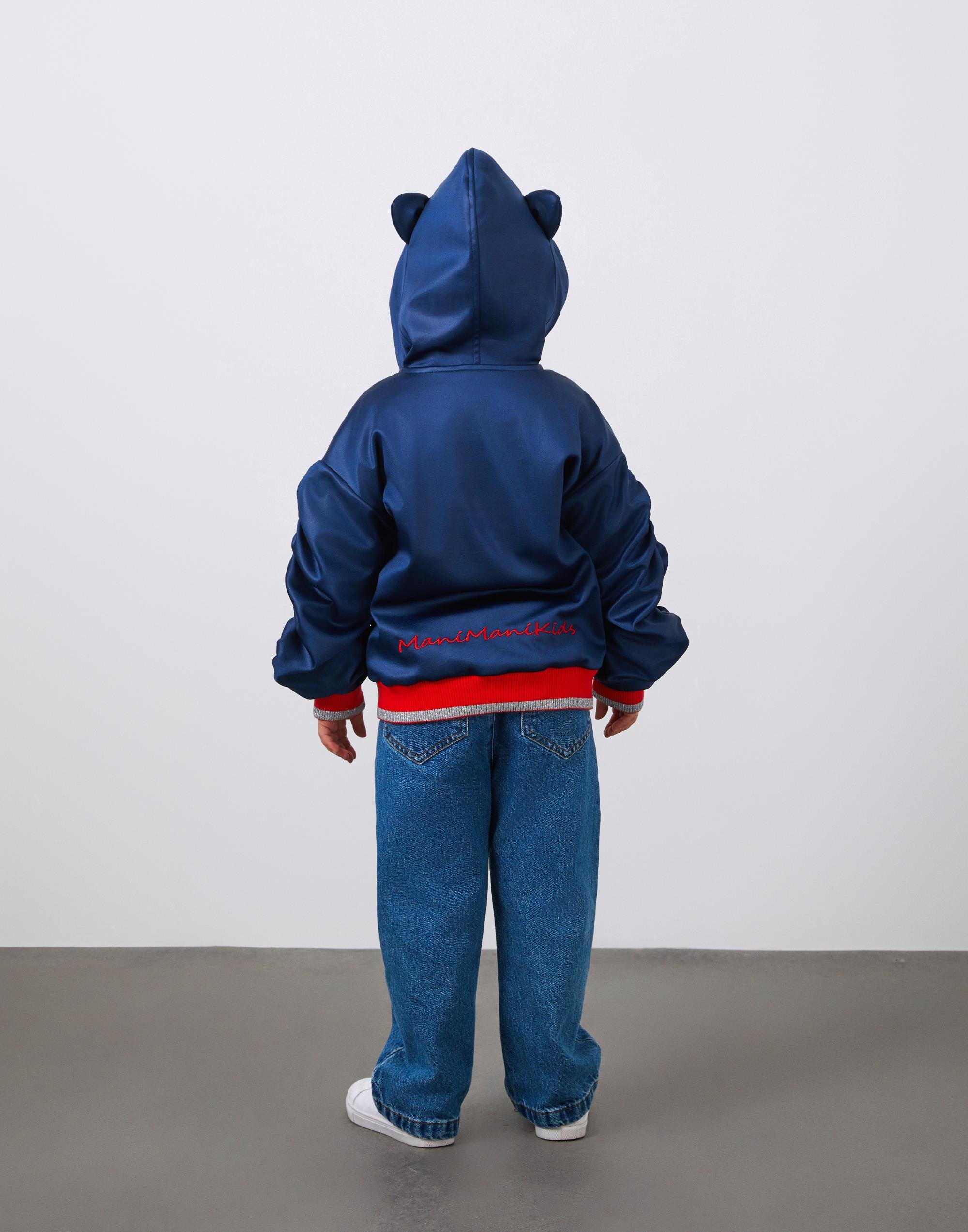 Nakış Detaşlı Kol Üstü Büzgülü Lacivert Kız Çocuk Kapüşonlu Ceket - junior, designer dresses, bachelorette, party dresses and graduation dresses.