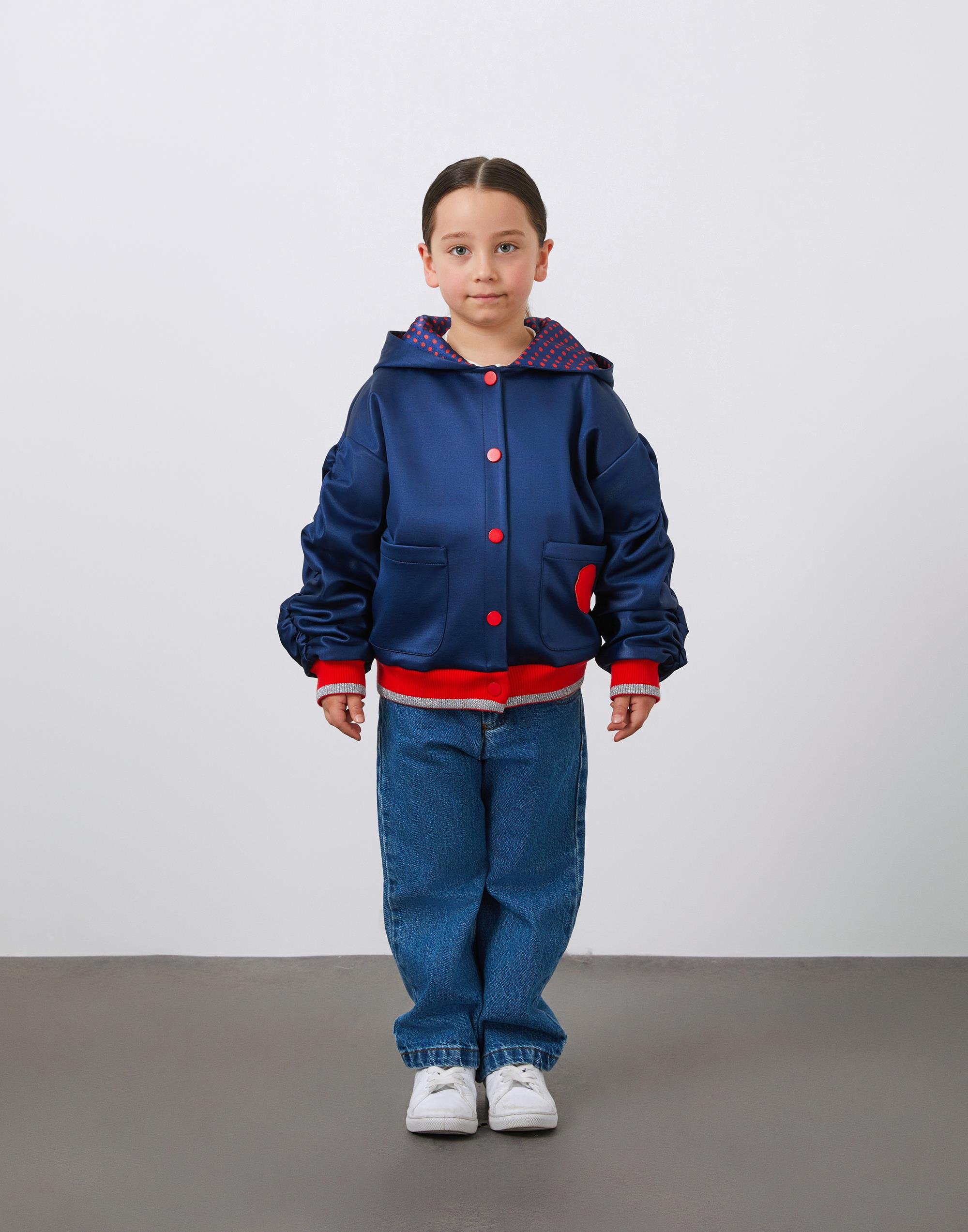 Nakış Detaşlı Kol Üstü Büzgülü Lacivert Kız Çocuk Kapüşonlu Ceket - junior, designer dresses, bachelorette, party dresses and graduation dresses.