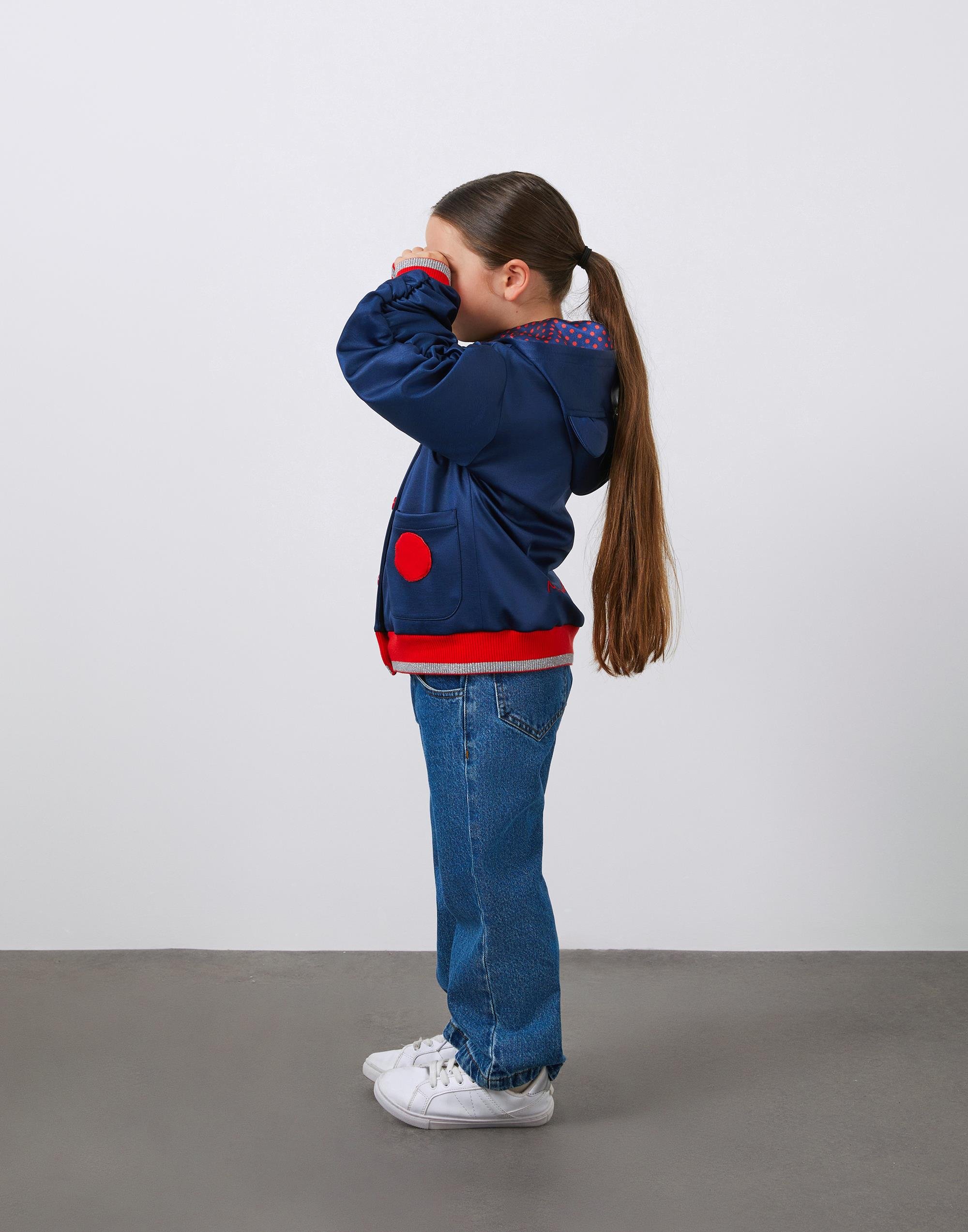 Nakış Detaşlı Kol Üstü Büzgülü Lacivert Kız Çocuk Kapüşonlu Ceket - junior, designer dresses, bachelorette, party dresses and graduation dresses.