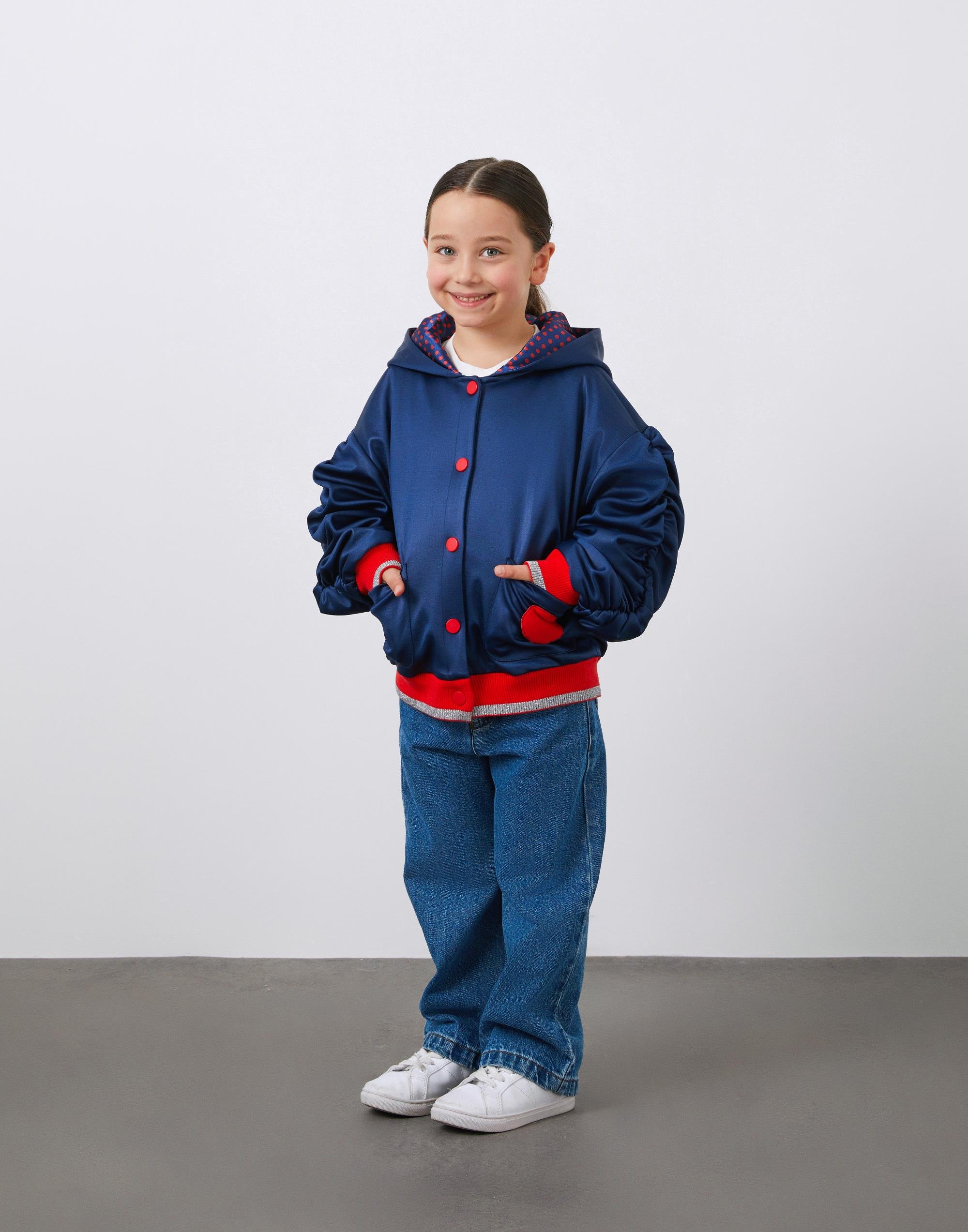 Nakış Detaşlı Kol Üstü Büzgülü Lacivert Kız Çocuk Kapüşonlu Ceket - junior, designer dresses, bachelorette, party dresses and graduation dresses.