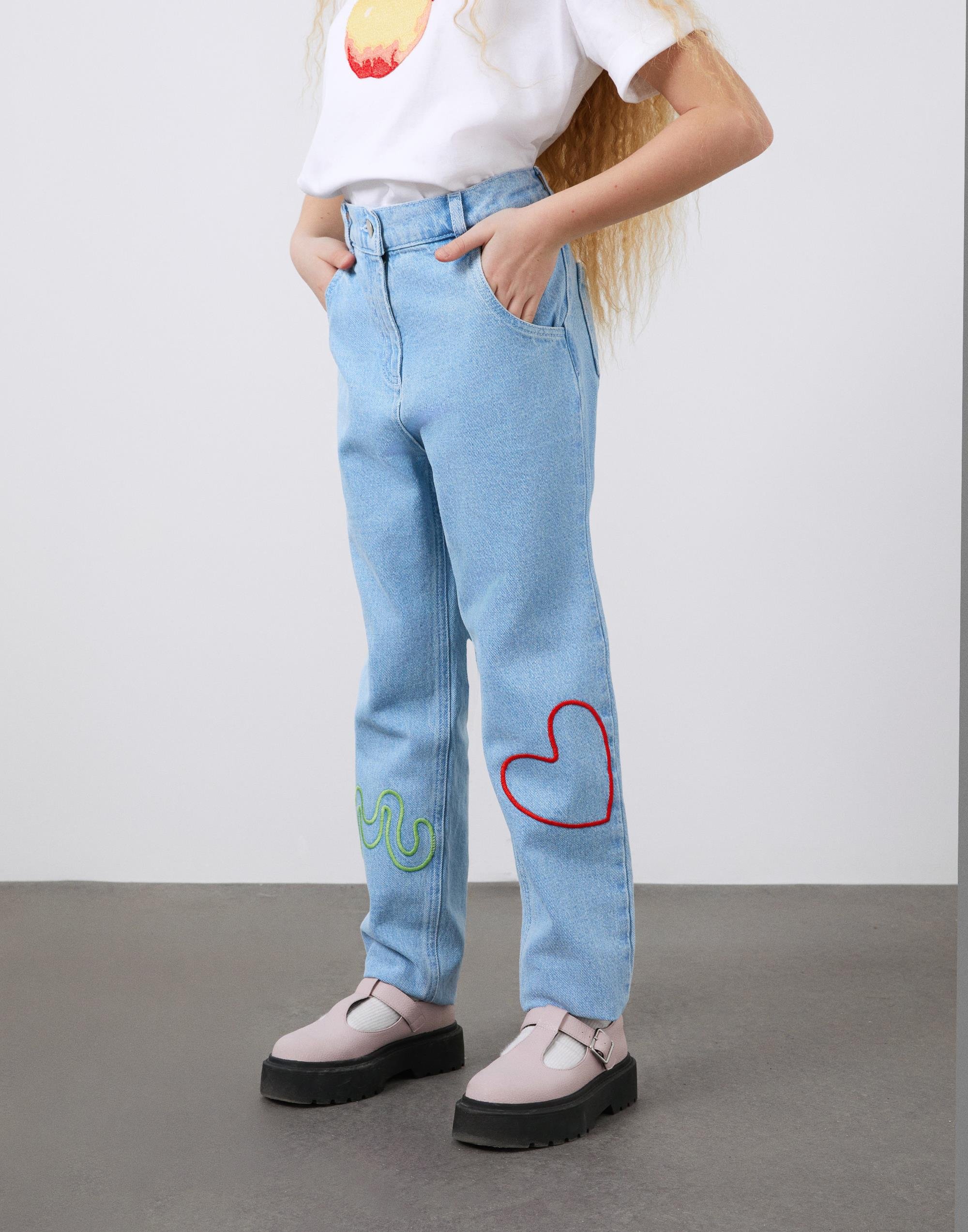 Nakış Detaylı Beli Lastikli Kız Çocuk Jean Pantolon - junior, designer dresses, bachelorette, party dresses and graduation dresses.