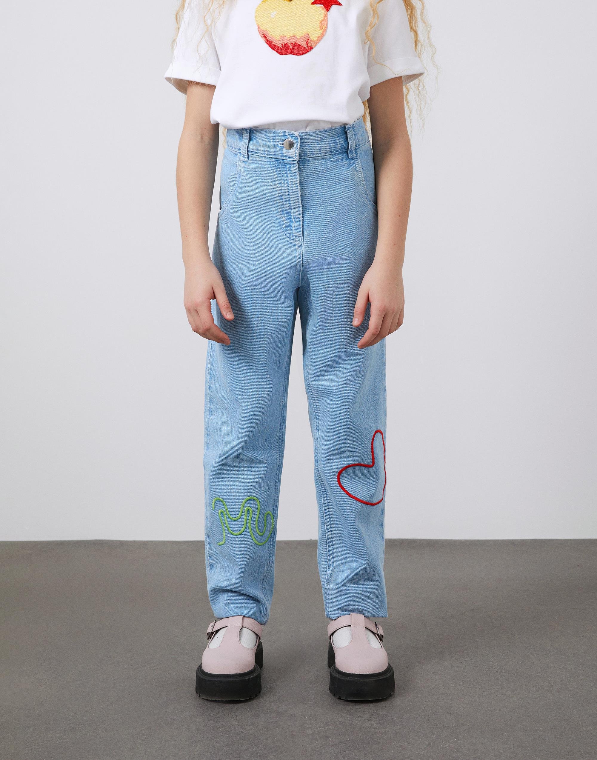 Nakış Detaylı Beli Lastikli Kız Çocuk Jean Pantolon - junior, designer dresses, bachelorette, party dresses and graduation dresses.