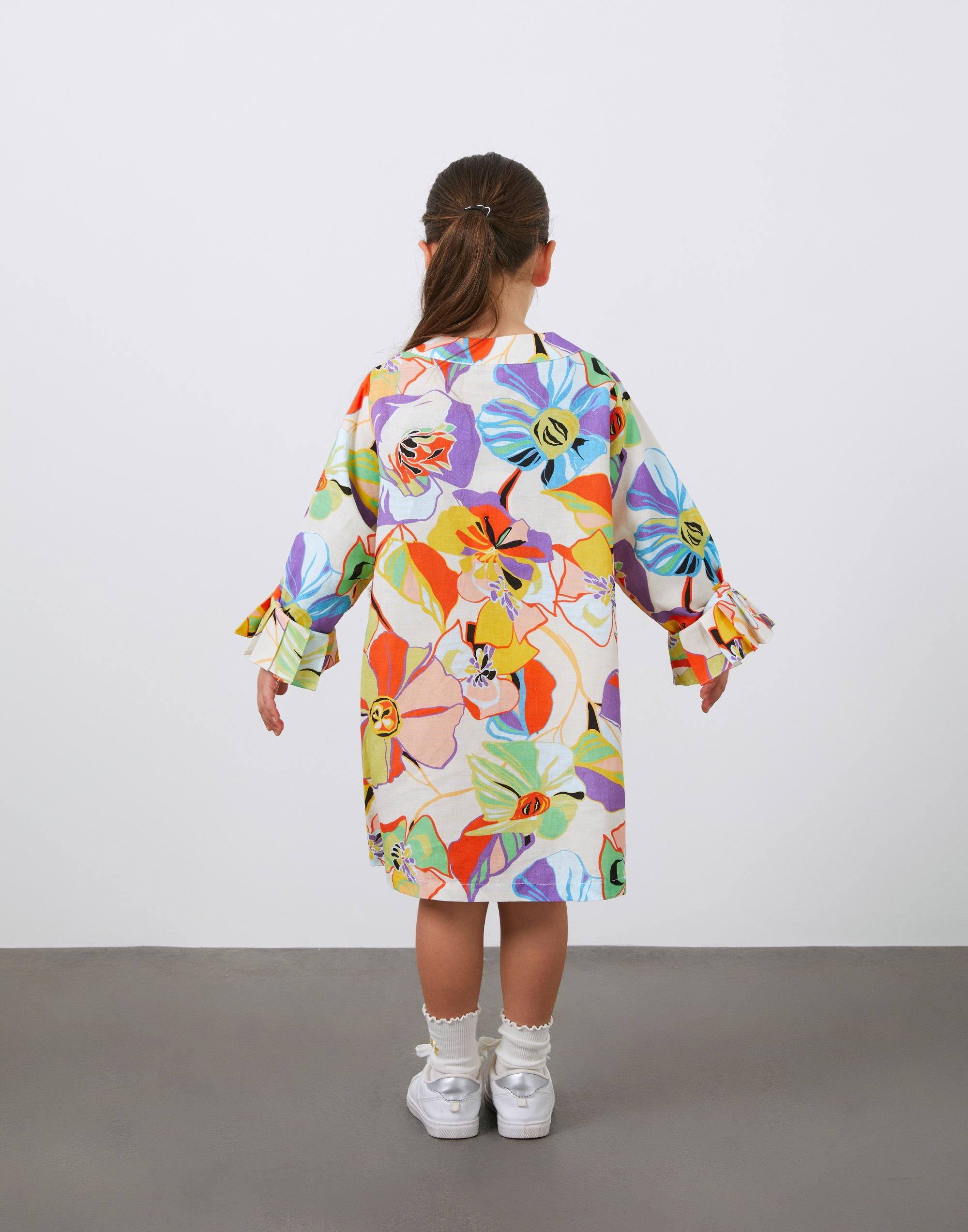 Nakış Detaylı Desenli Keten Kız Çocuk Elbise - junior, designer dresses, bachelorette, party dresses and graduation dresses.