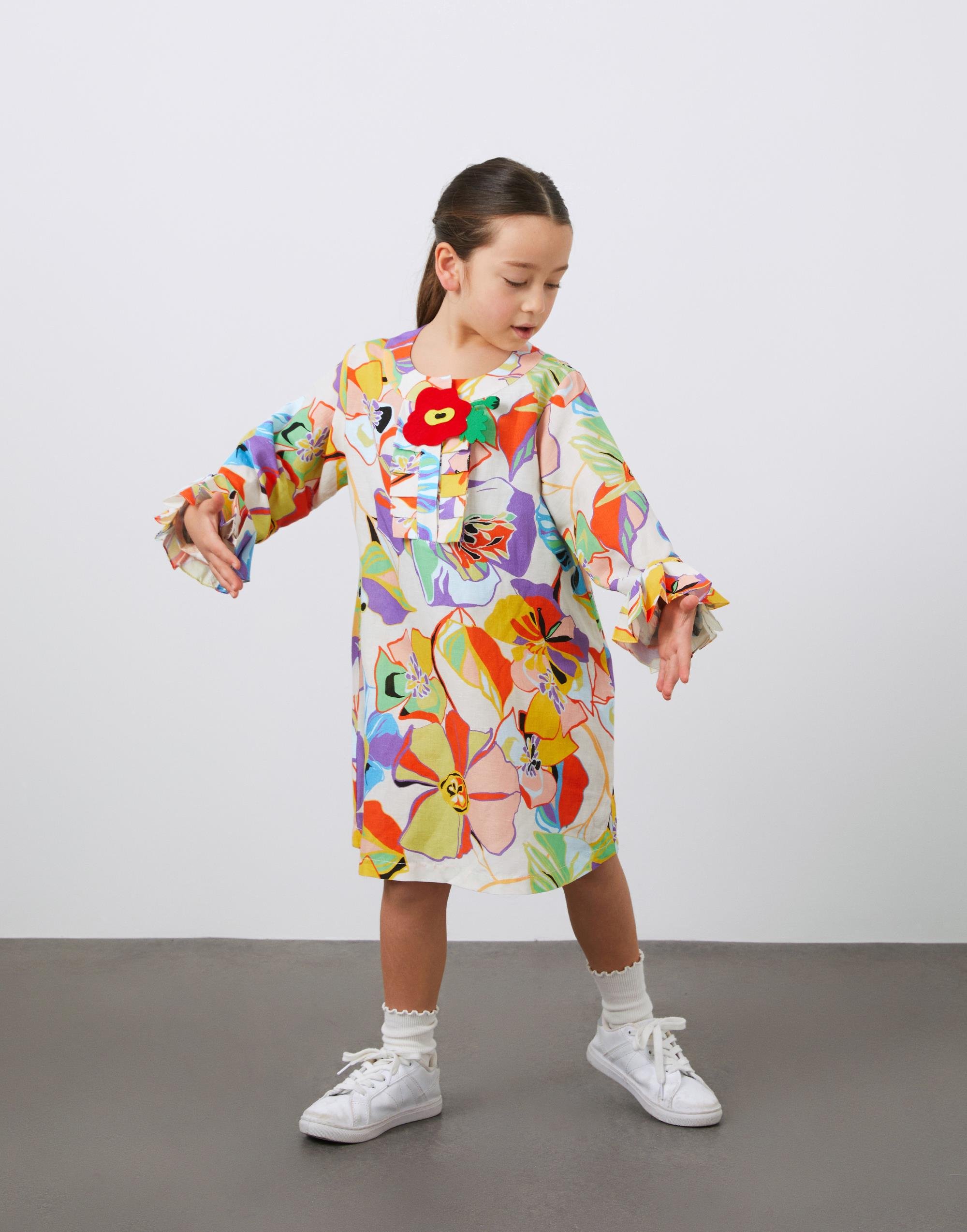 Nakış Detaylı Desenli Keten Kız Çocuk Elbise - junior, designer dresses, bachelorette, party dresses and graduation dresses.