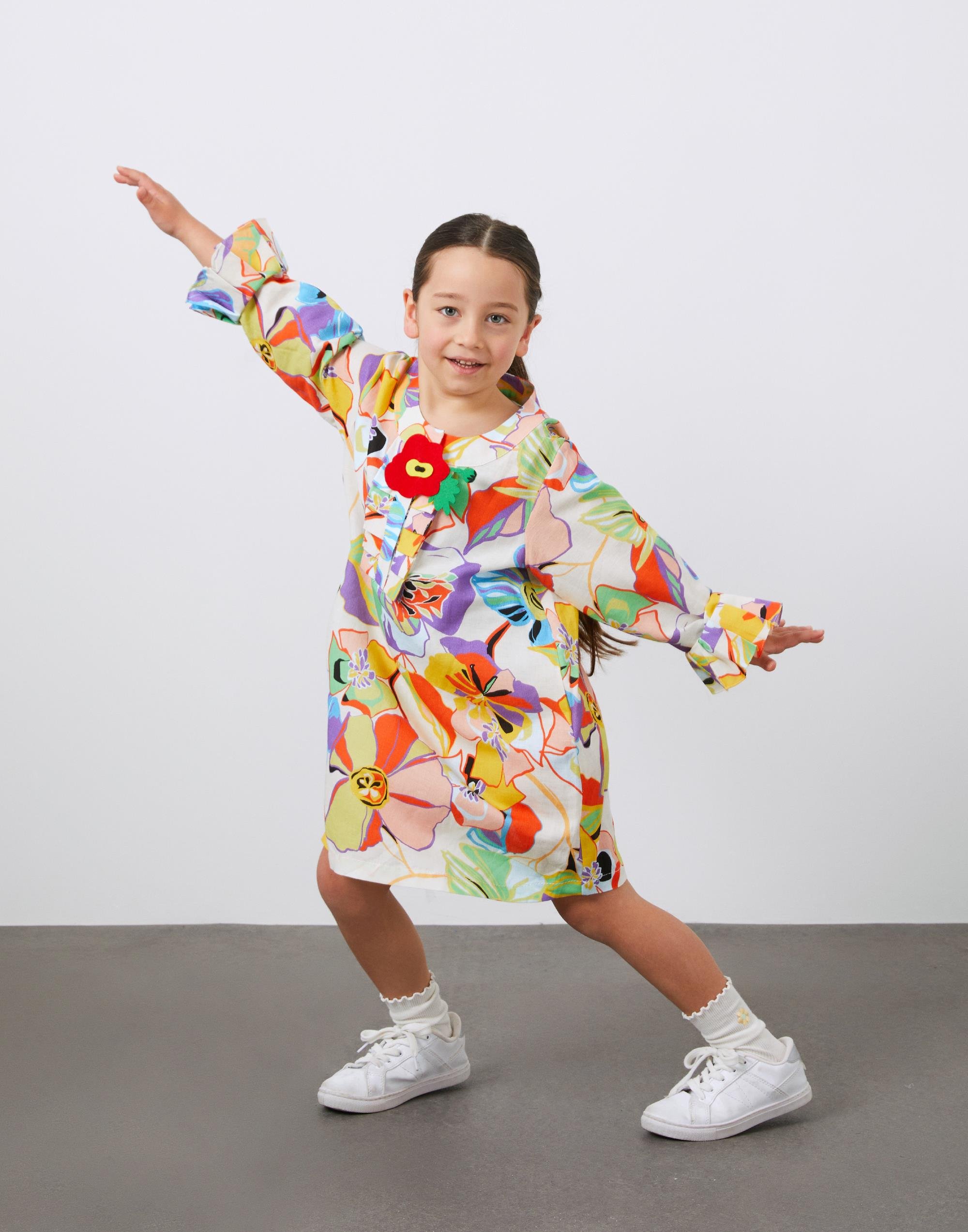 Nakış Detaylı Desenli Keten Kız Çocuk Elbise - junior, designer dresses, bachelorette, party dresses and graduation dresses.