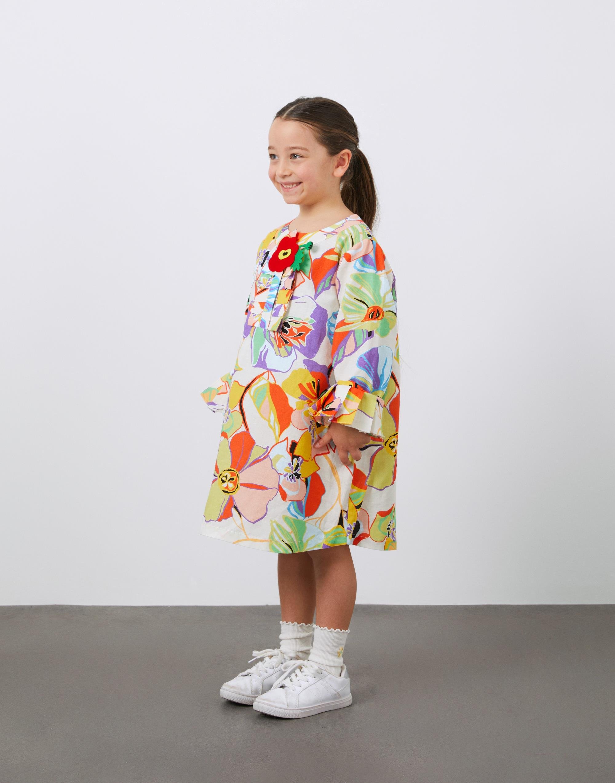 Nakış Detaylı Desenli Keten Kız Çocuk Elbise - junior, designer dresses, bachelorette, party dresses and graduation dresses.