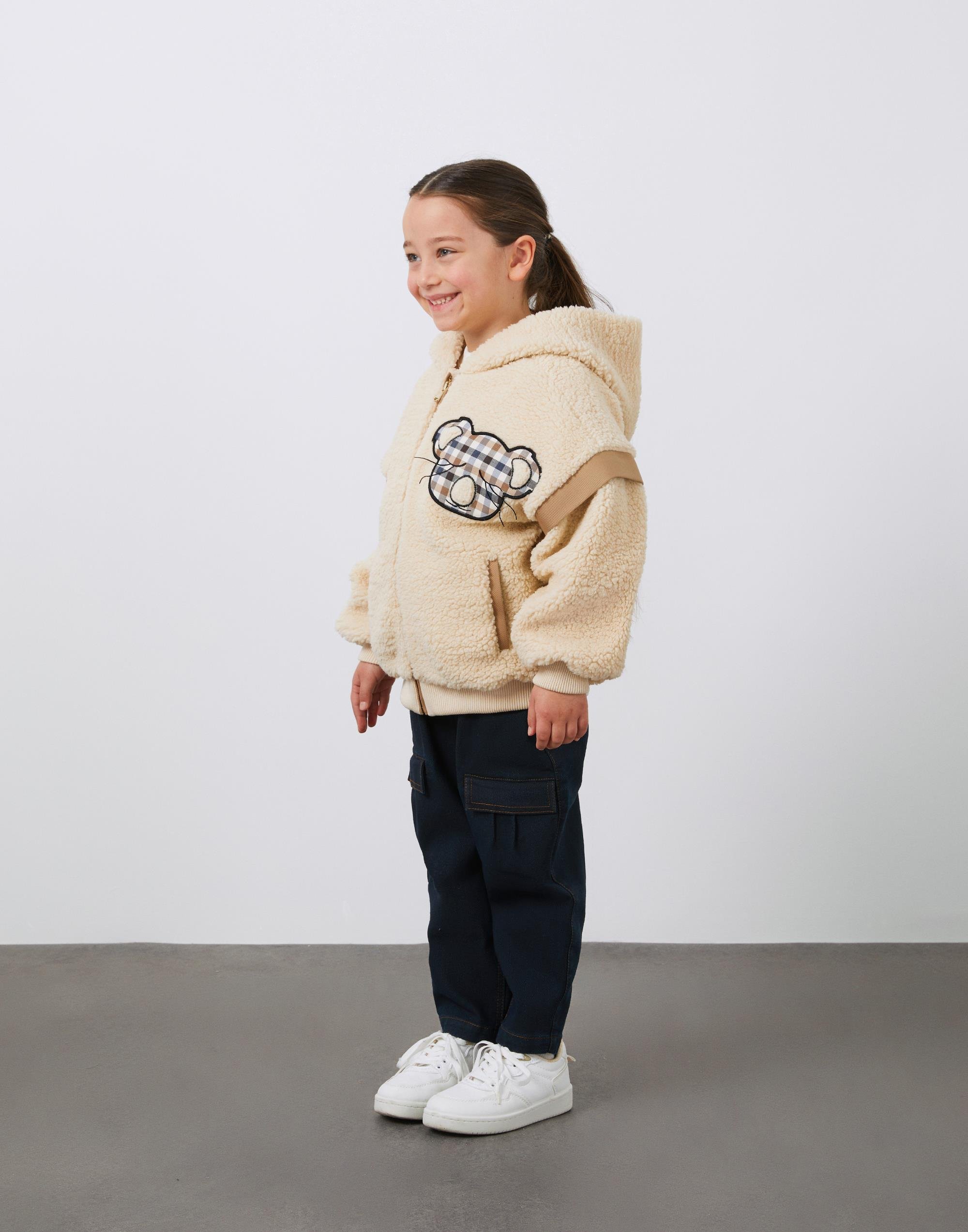 Nakış Detaylı Kapüşonlu Kız Çocuk Peluş Ceket - junior, designer dresses, bachelorette, party dresses and graduation dresses.