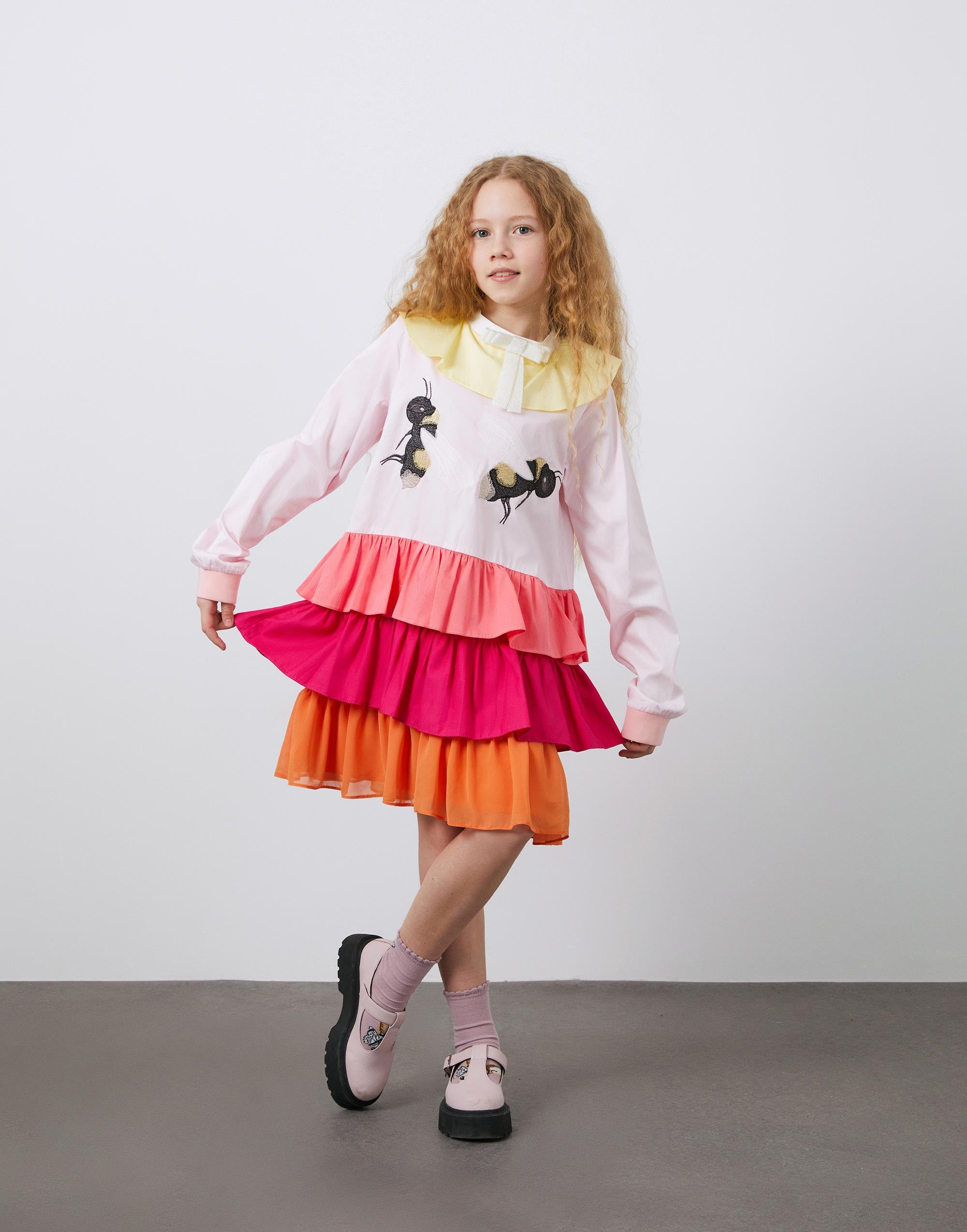 Nakış Detaylı Uzun Kollu  Fırfırlı Kız Çocuk Elbise  - junior, designer dresses, bachelorette, party dresses and graduation dresses.