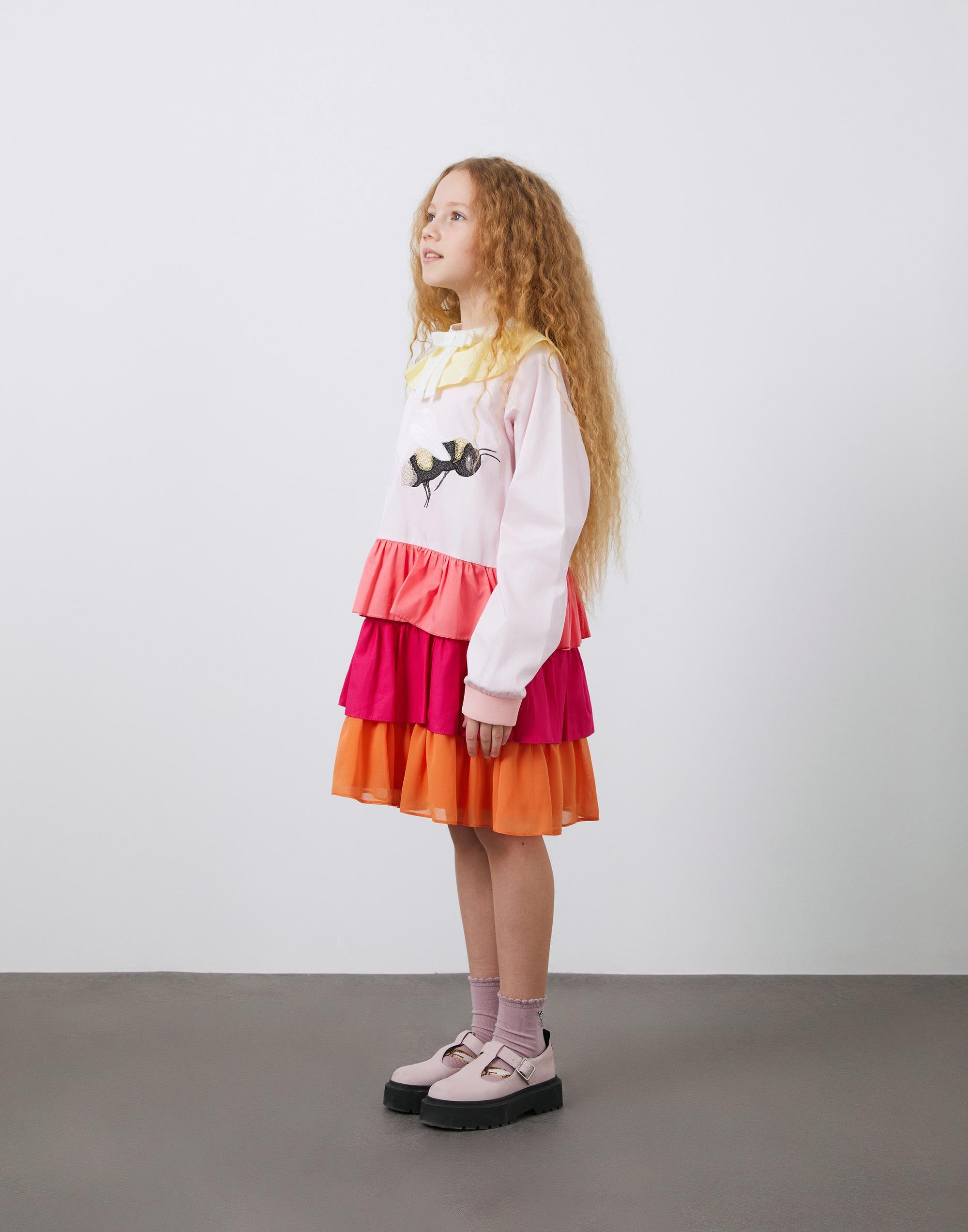 Nakış Detaylı Uzun Kollu  Fırfırlı Kız Çocuk Elbise  - junior, designer dresses, bachelorette, party dresses and graduation dresses.