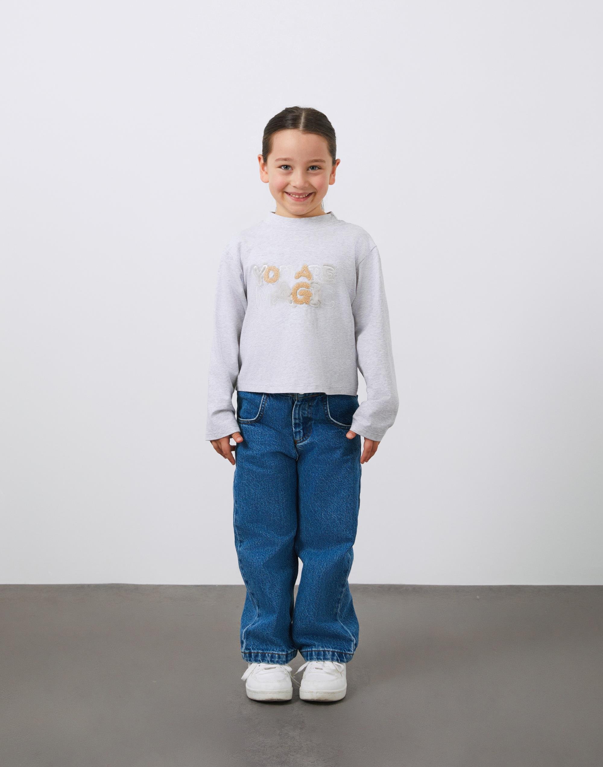 Nakış Detaylı Uzun Kollu Gri Kız Çocuk Sweatshirt - junior, designer dresses, bachelorette, party dresses and graduation dresses.