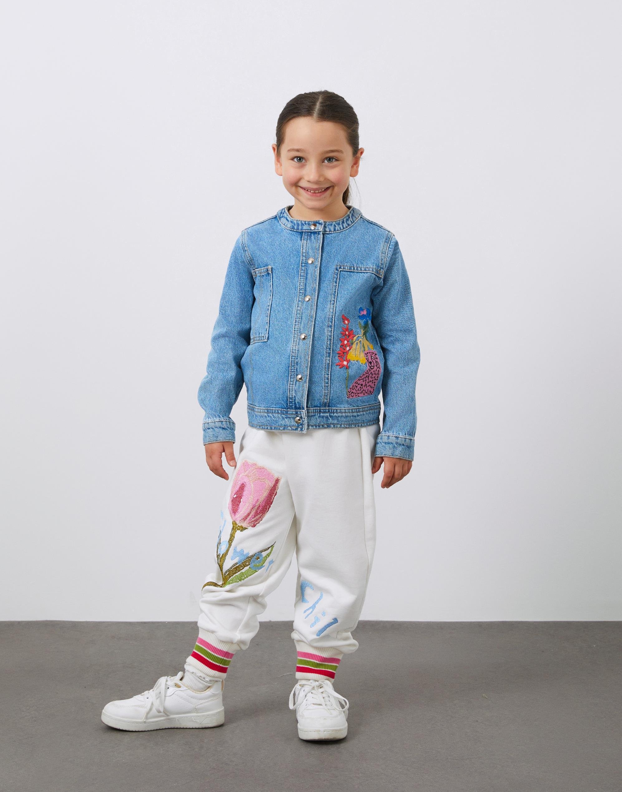 Nakış Detaylı Yuvarlak Yaka Kız Çocuk Jean Ceket - junior, designer dresses, bachelorette, party dresses and graduation dresses.