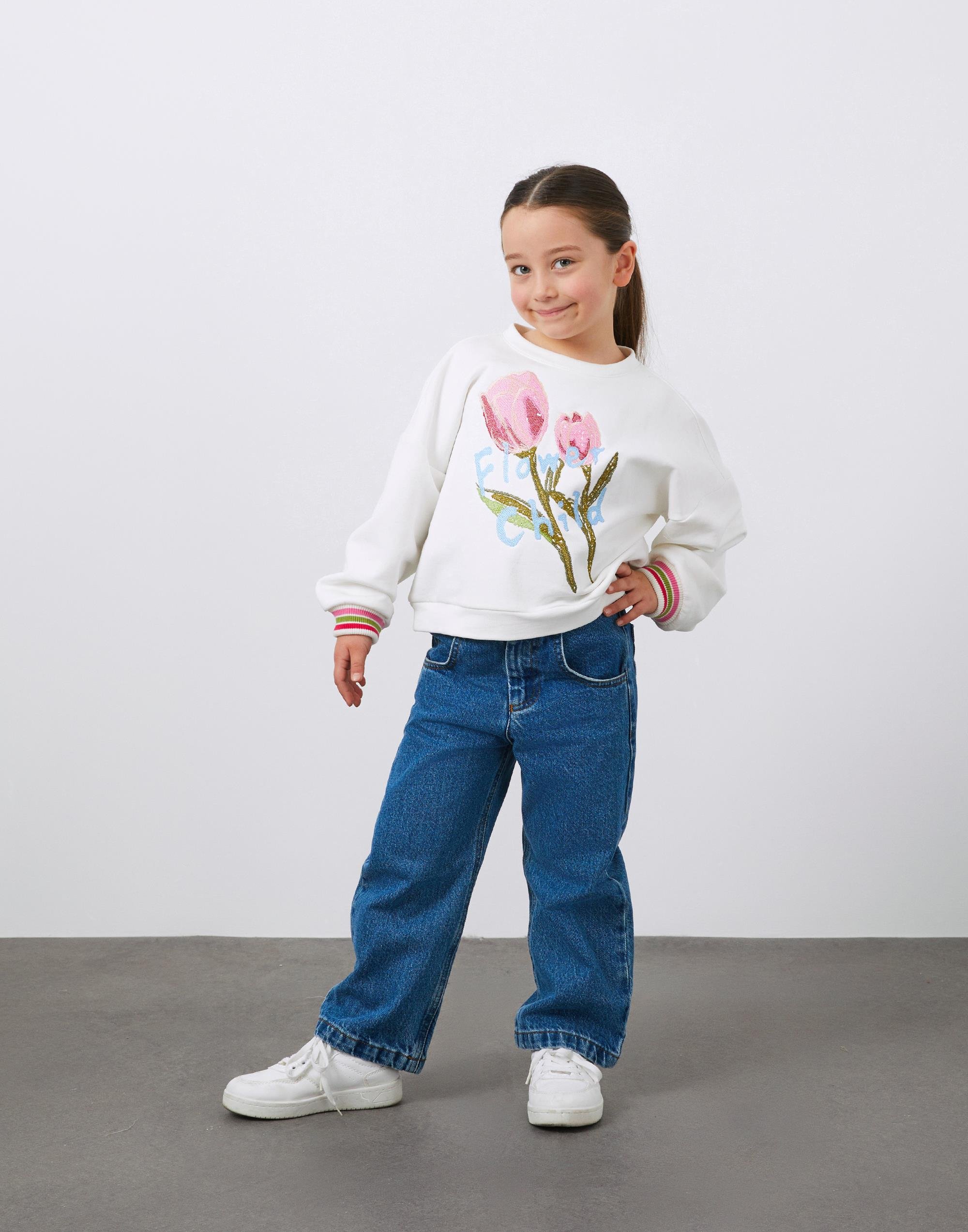 Girl's Ecru Sweatshirt with Embroidery and Knit Detail - junior, designer dresses, bachelorette, party dresses and graduation dresses.