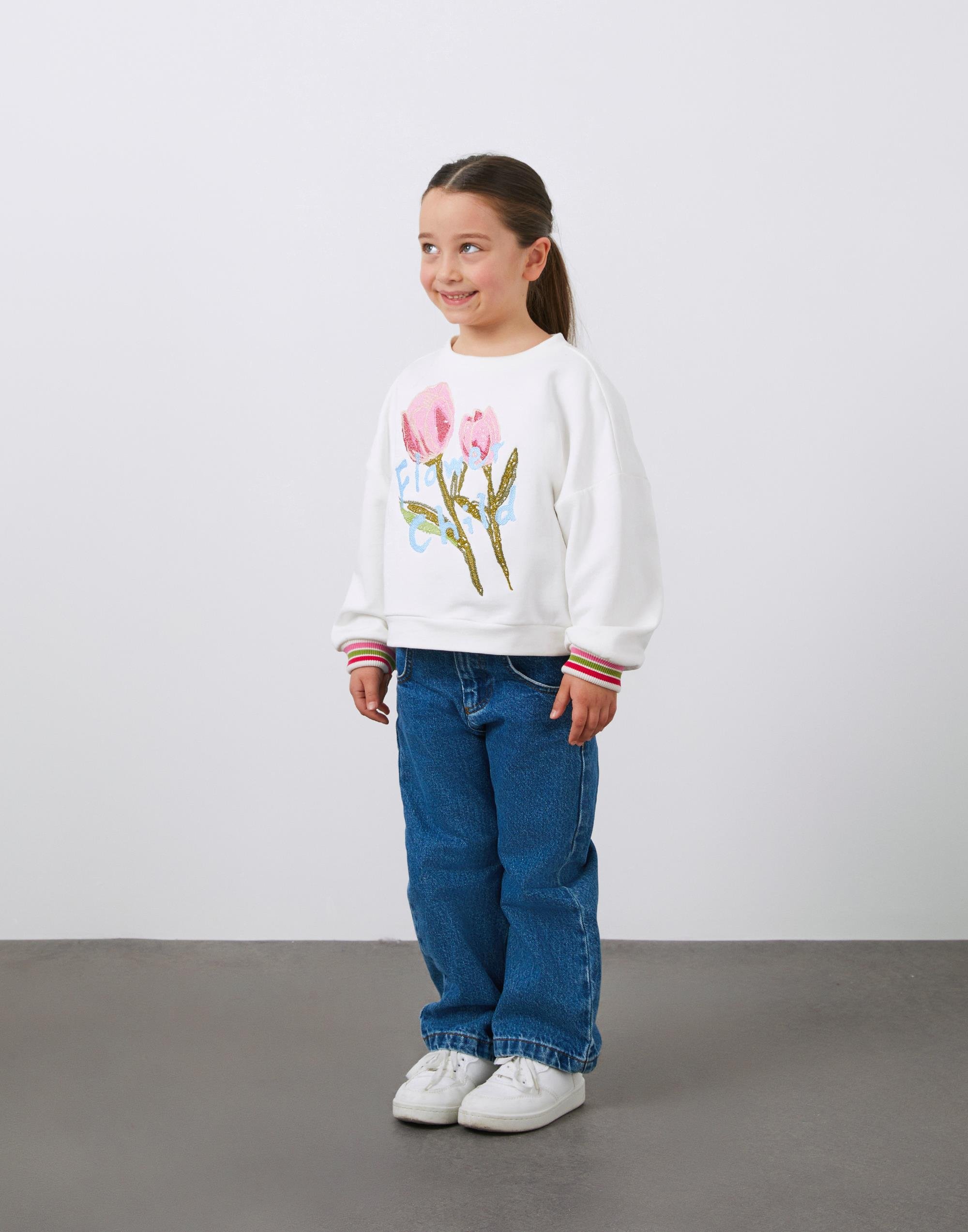 Girl's Ecru Sweatshirt with Embroidery and Knit Detail - junior, designer dresses, bachelorette, party dresses and graduation dresses.