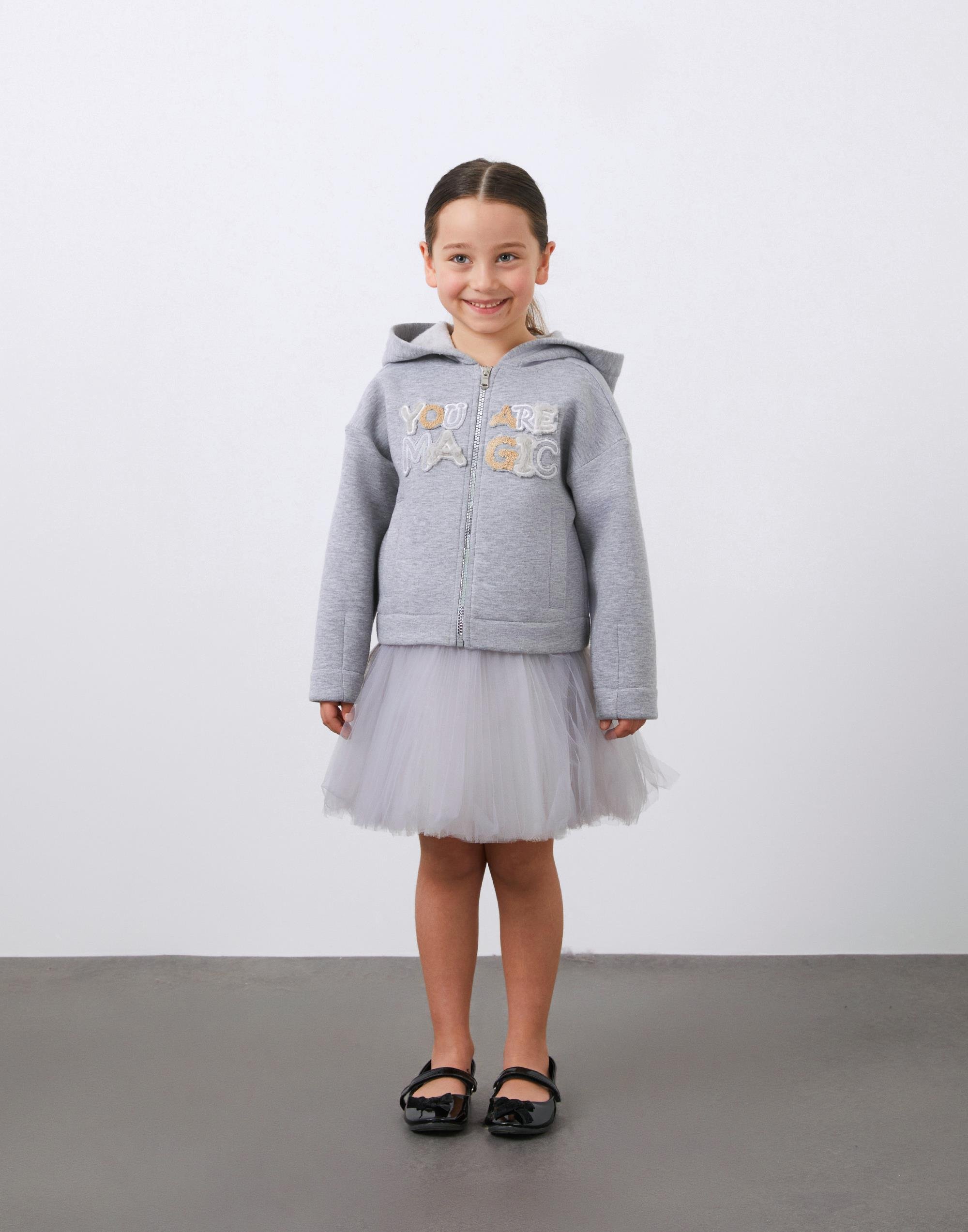 Ön Beden Nakış Detaylı Kapüşonlu Gri Kız Çocuk  Hırka - junior, designer dresses, bachelorette, party dresses and graduation dresses.