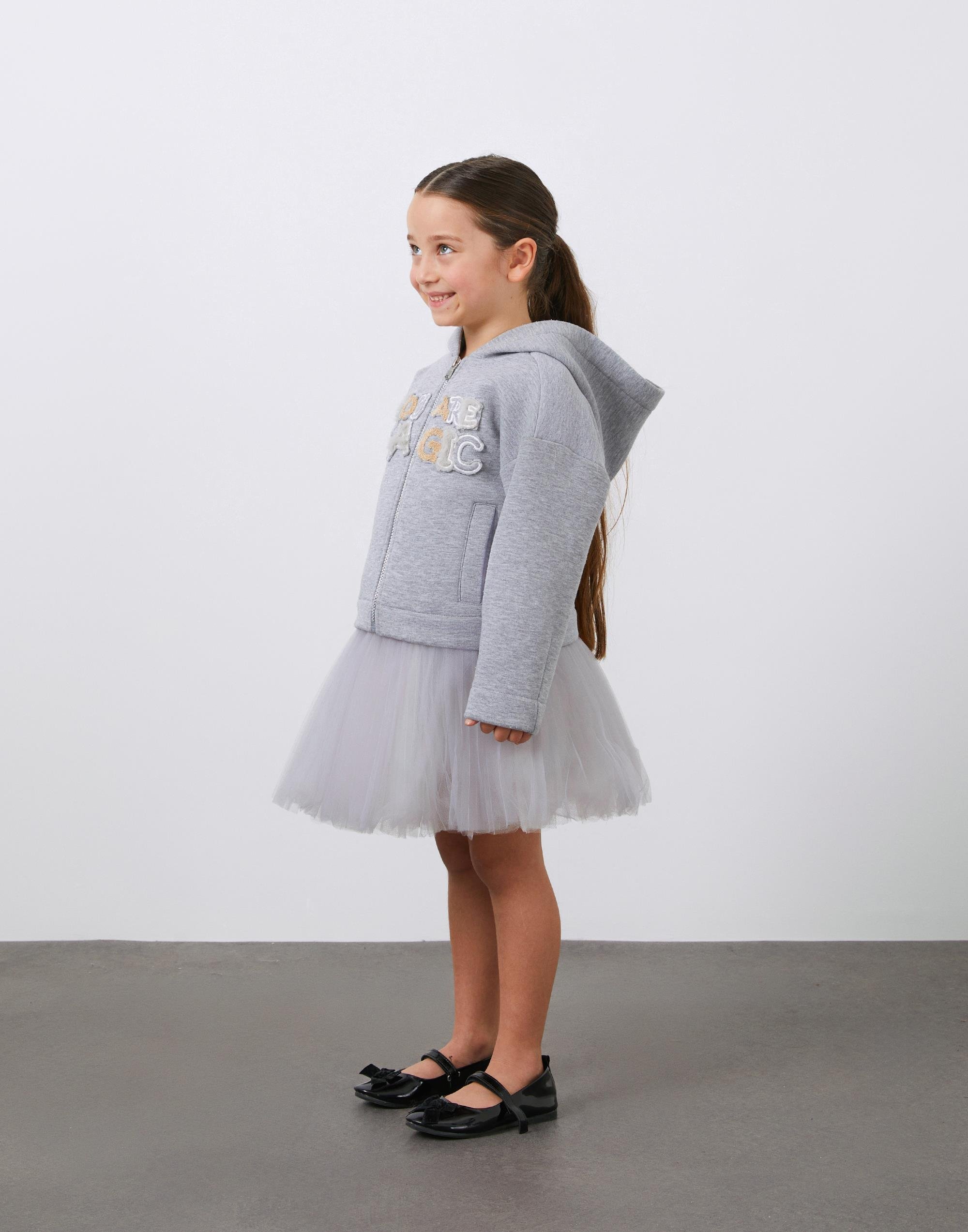 Ön Beden Nakış Detaylı Kapüşonlu Gri Kız Çocuk  Hırka - junior, designer dresses, bachelorette, party dresses and graduation dresses.