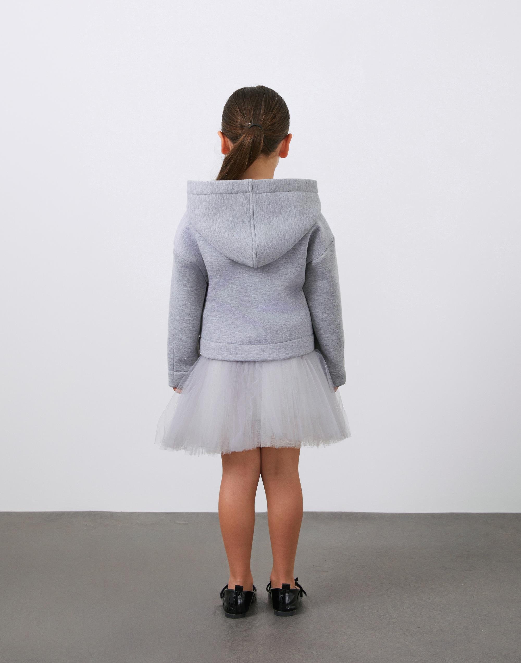 Ön Beden Nakış Detaylı Kapüşonlu Gri Kız Çocuk  Hırka - junior, designer dresses, bachelorette, party dresses and graduation dresses.