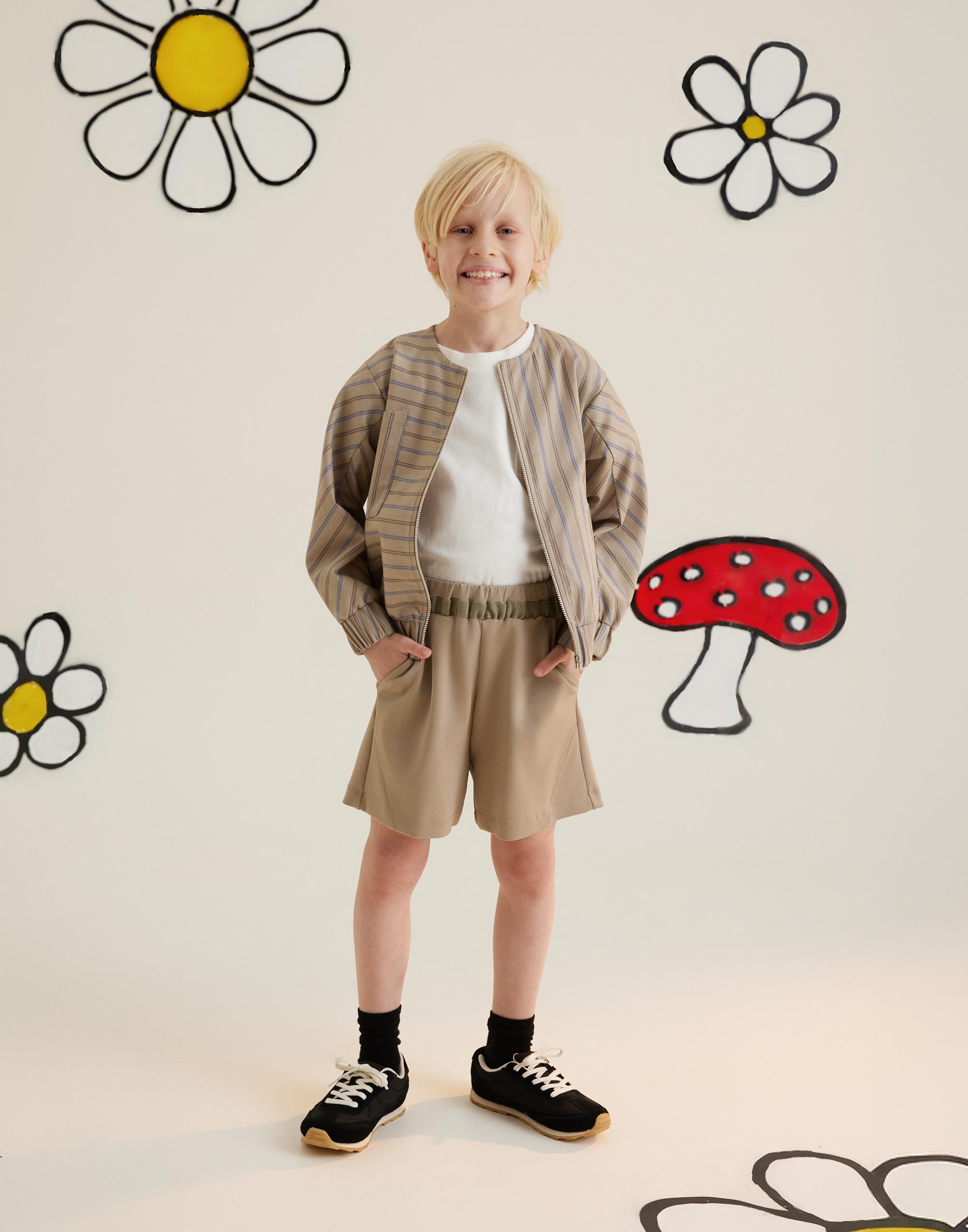 Ön Ve Ortadan Fermuarlı Baskılı Çizgili Bej Ceket - junior, designer dresses, bachelorette, party dresses and graduation dresses.