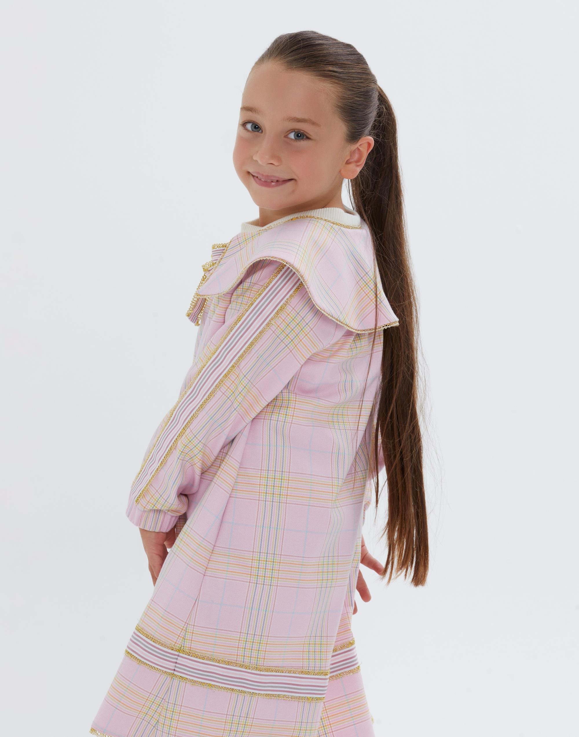 Önlük Yaka Uzun Kollu Ekose Desenli Kısa Kız Çocuk Elbise - junior, designer dresses, bachelorette, party dresses and graduation dresses.