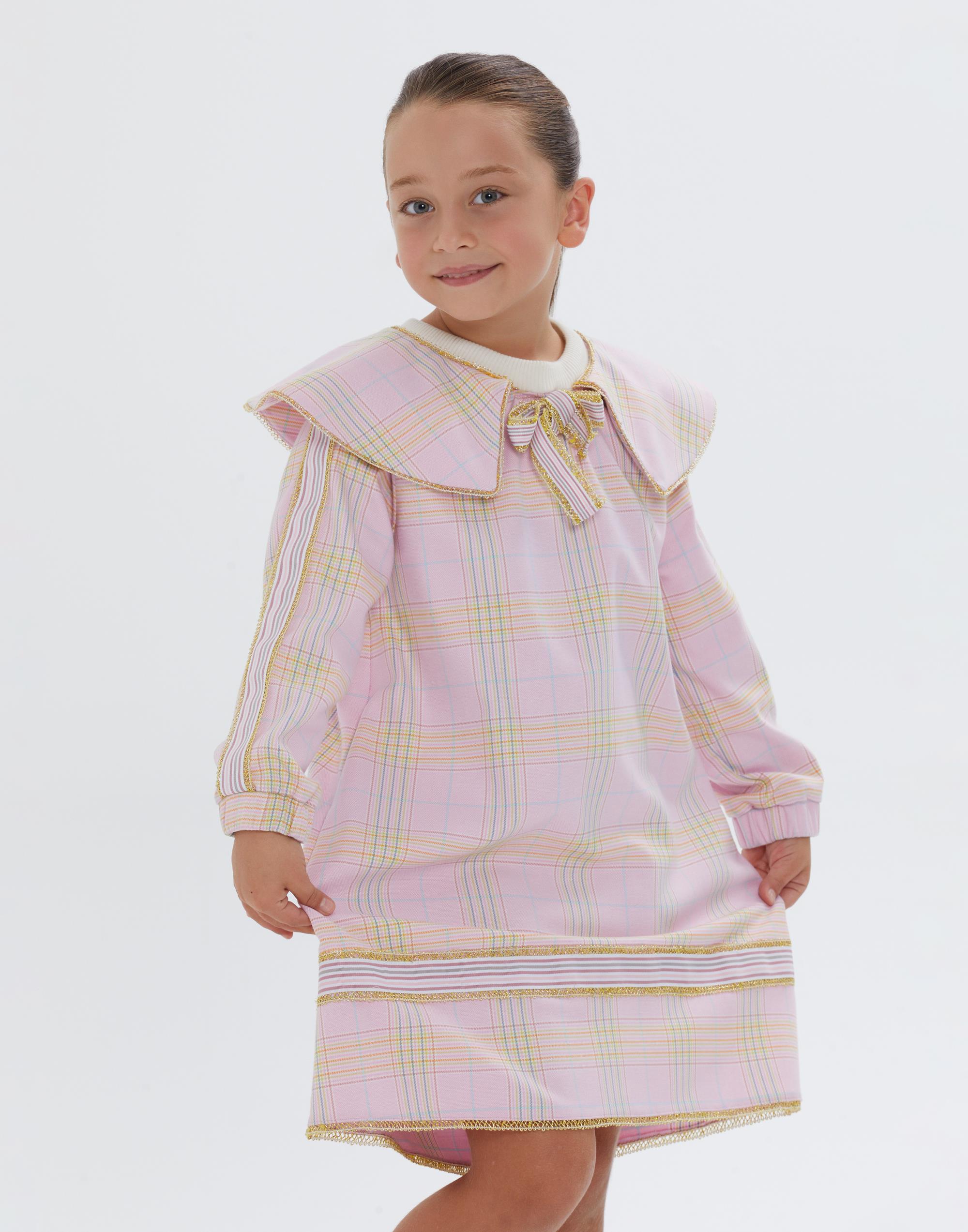 Önlük Yaka Uzun Kollu Ekose Desenli Kısa Kız Çocuk Elbise - junior, designer dresses, bachelorette, party dresses and graduation dresses.