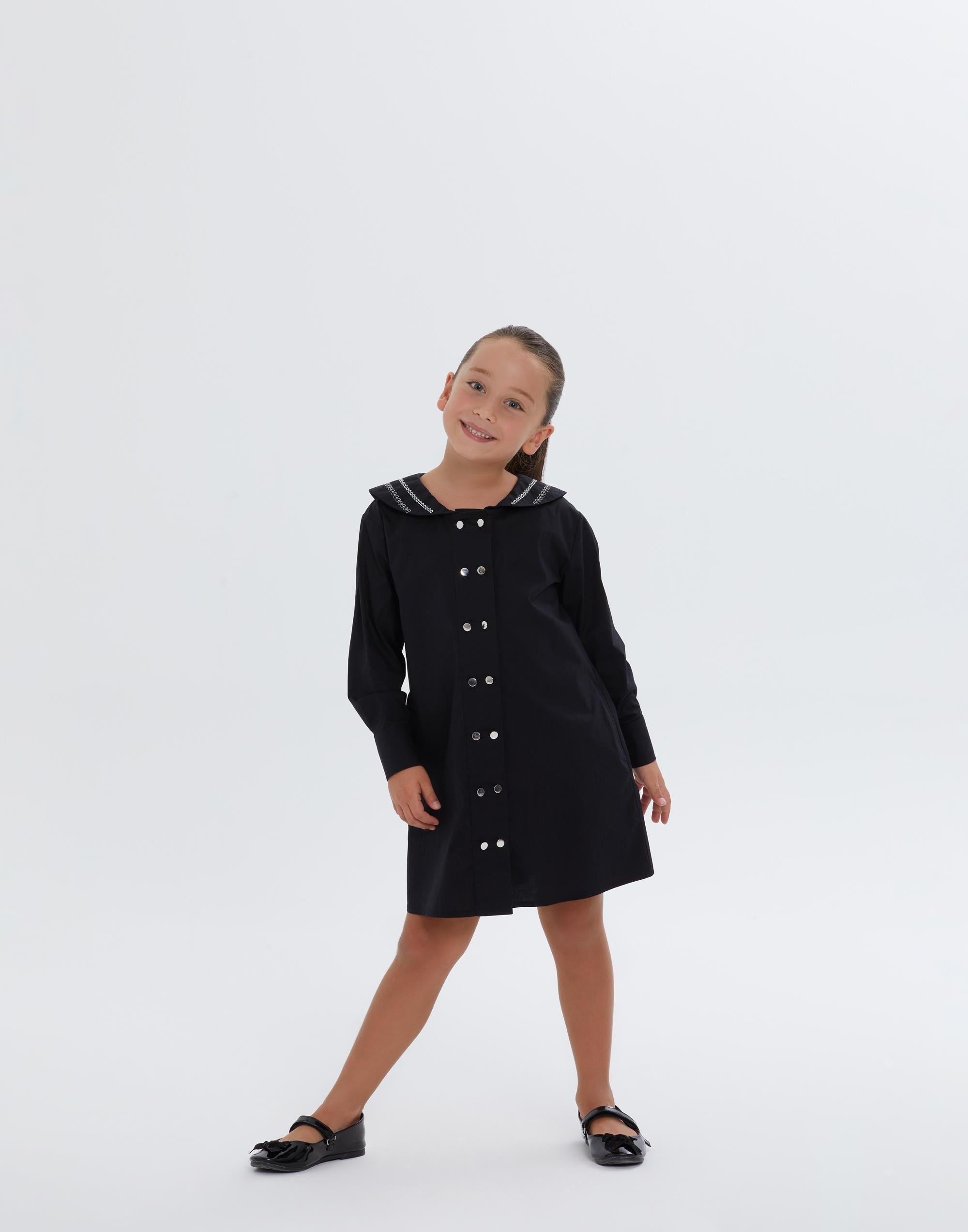 Önlük Yaka Uzun Kullu Düğme Detaylı Kısa Kız Çocuk Elbise - junior, designer dresses, bachelorette, party dresses and graduation dresses.