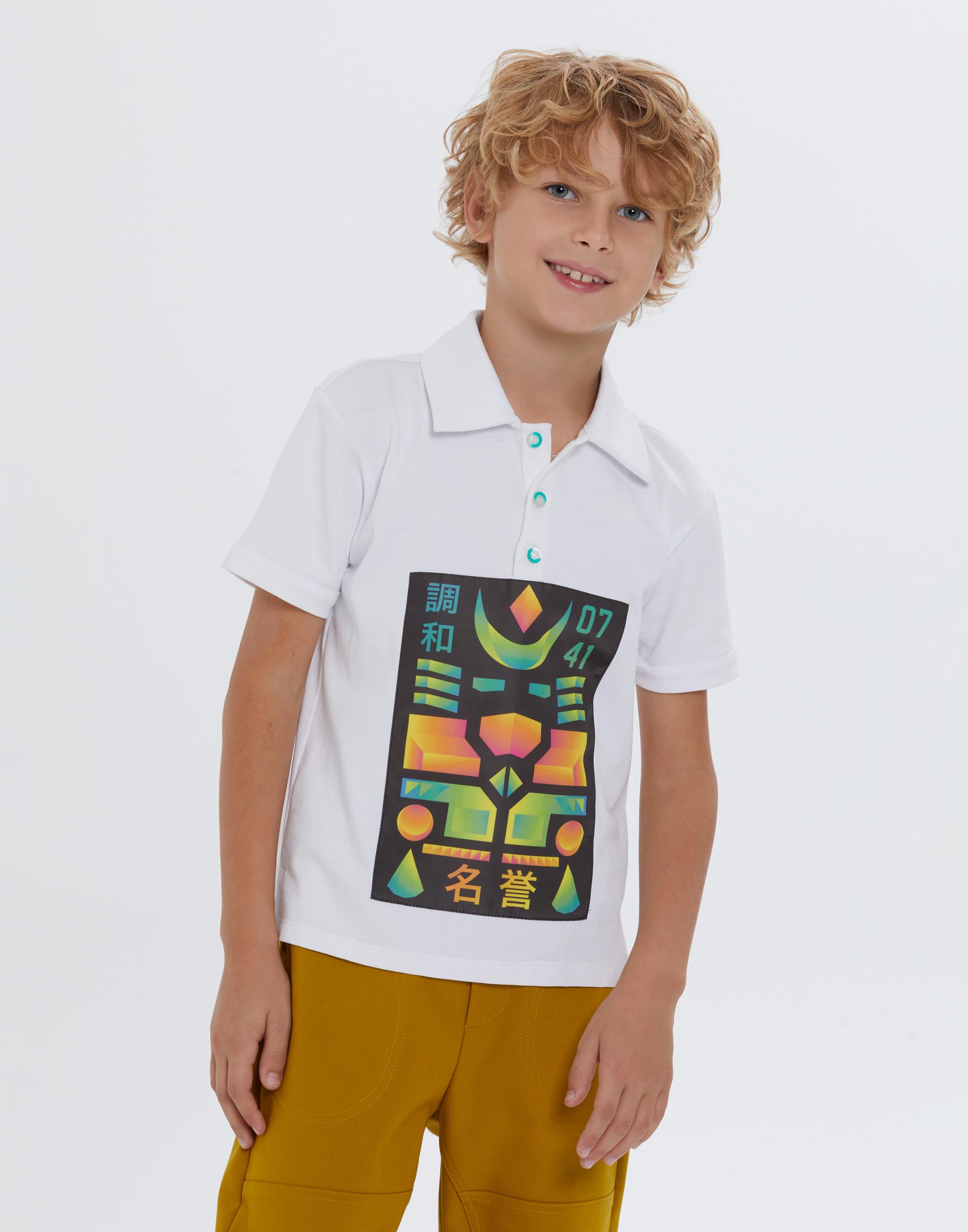 Polo Yakalı Baskılı Kısa Kollu Beyaz Erkek Çocuk Tshırt - junior, designer dresses, bachelorette, party dresses and graduation dresses.