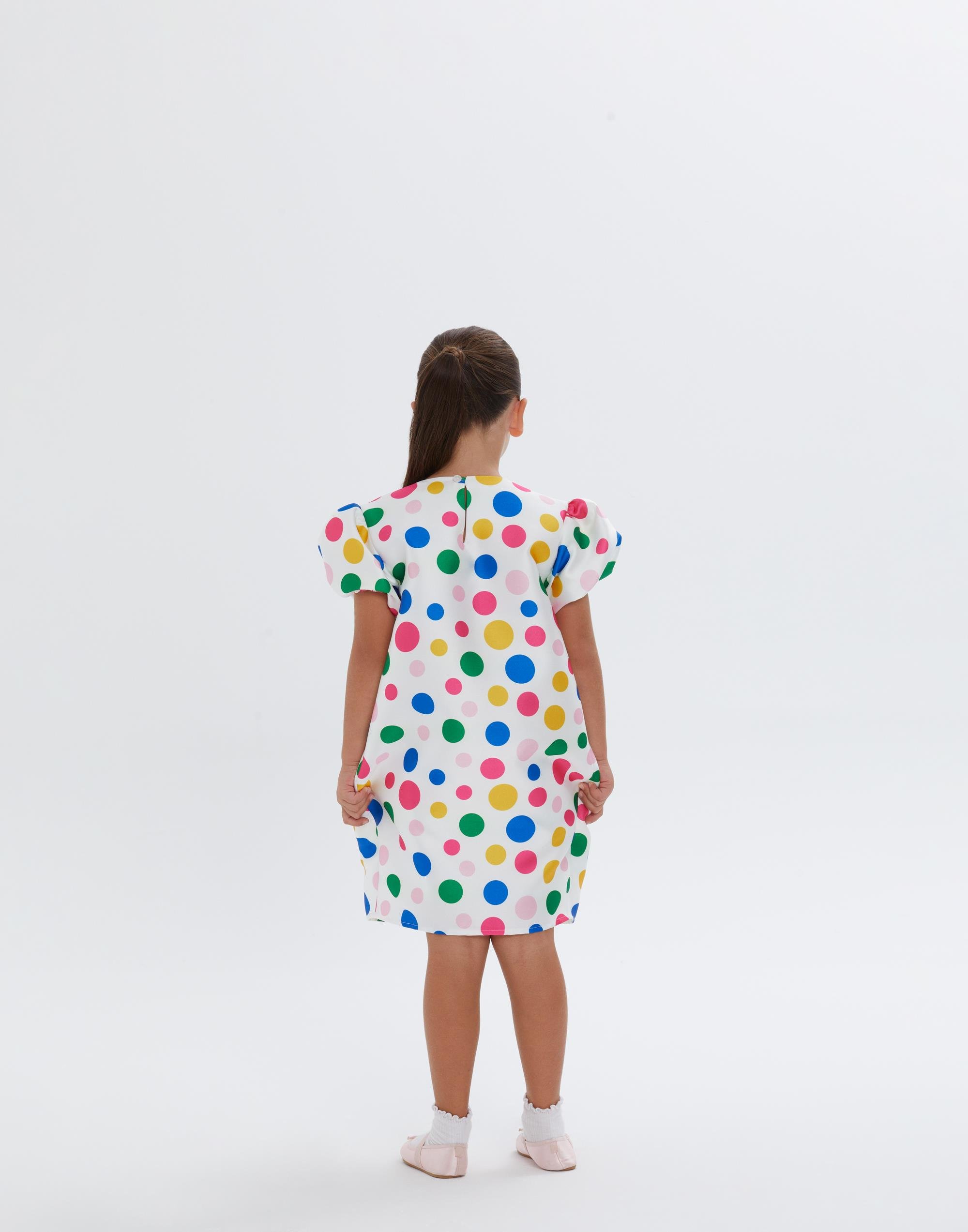 Renkli Puantiye Detaylı Kısa Kollu Kız Çocuk Elbise - junior, designer dresses, bachelorette, party dresses and graduation dresses.