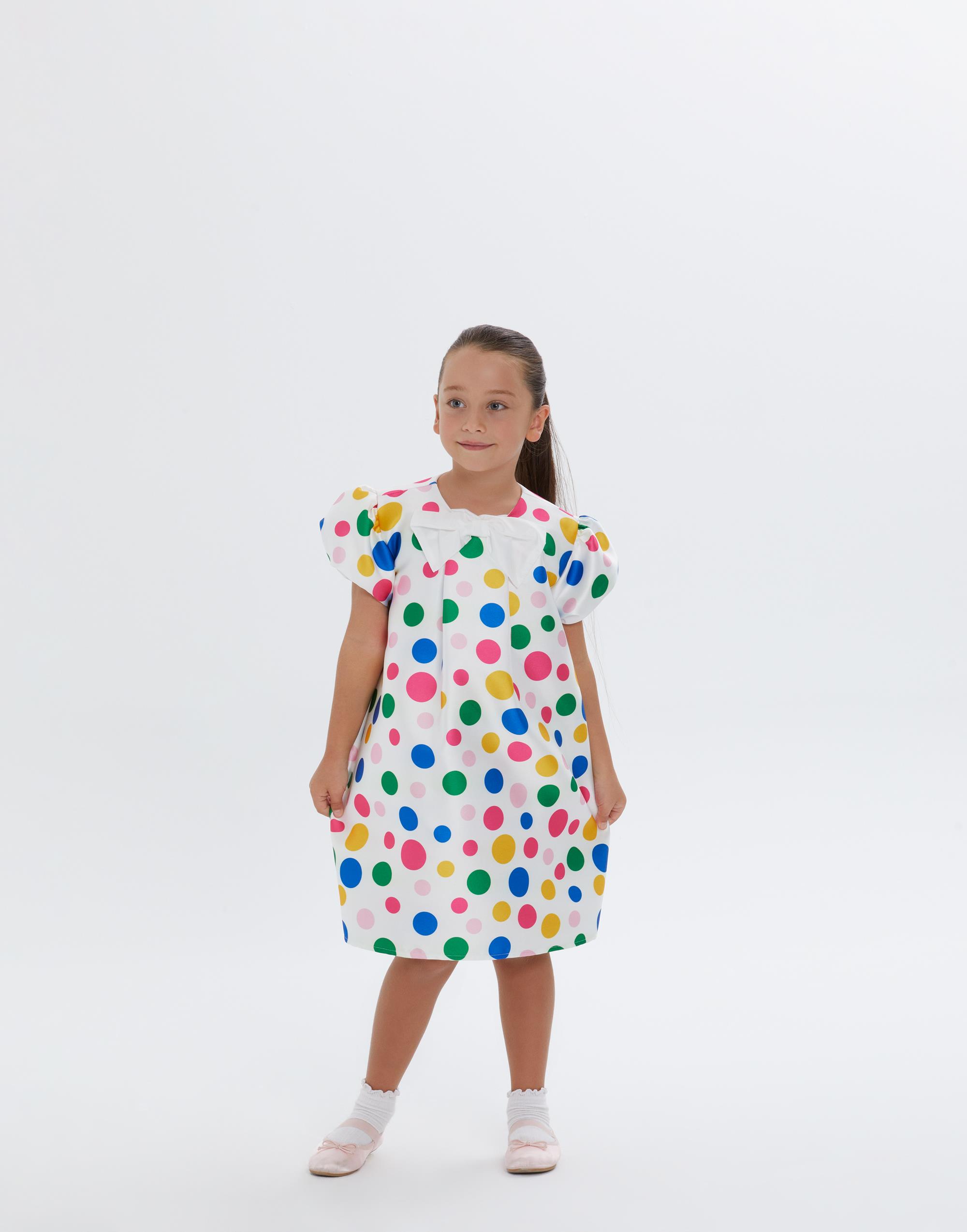 Renkli Puantiye Detaylı Kısa Kollu Kız Çocuk Elbise - junior, designer dresses, bachelorette, party dresses and graduation dresses.